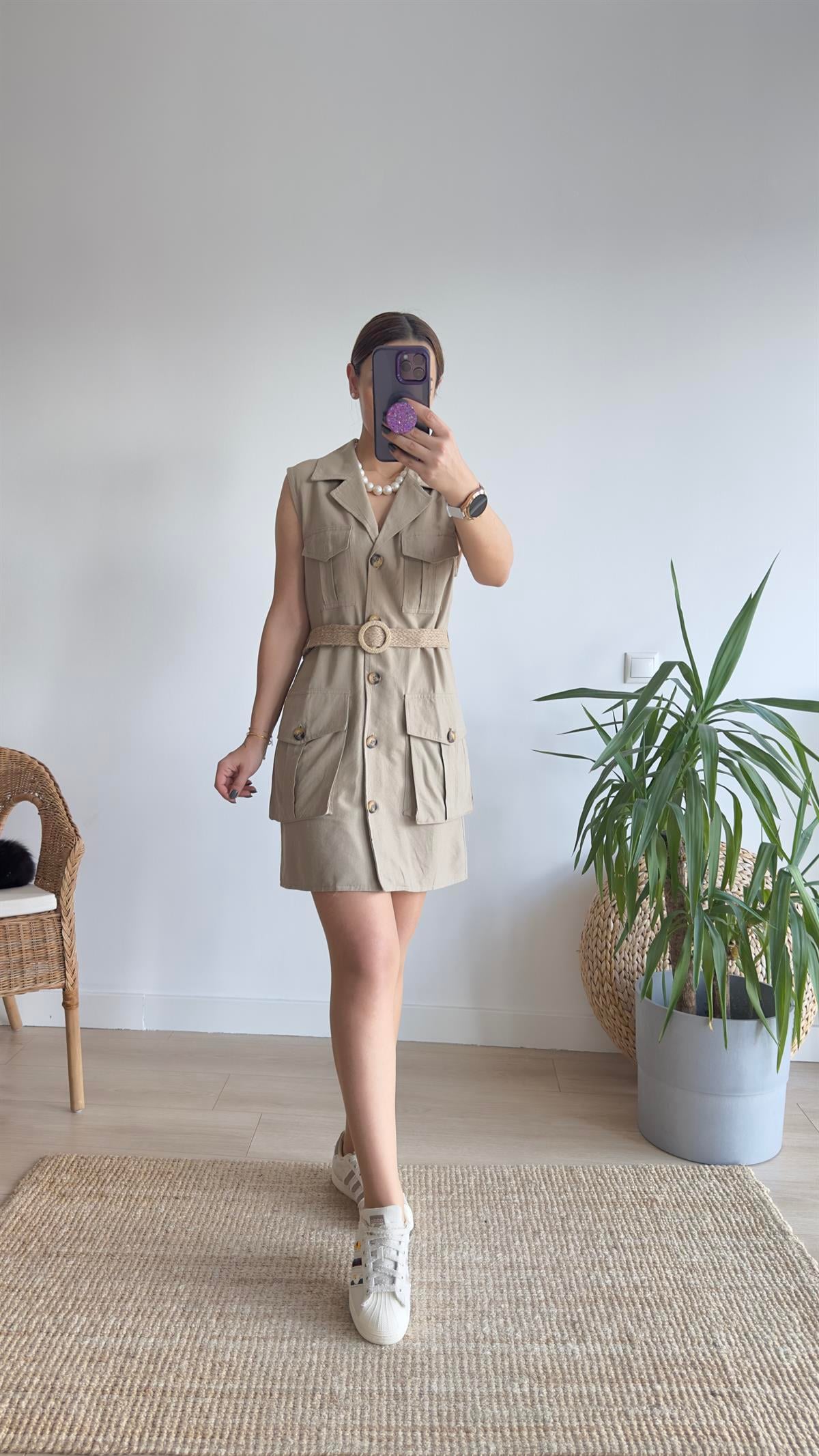Utto Zra Model Kemerli Bej Keten Elbise