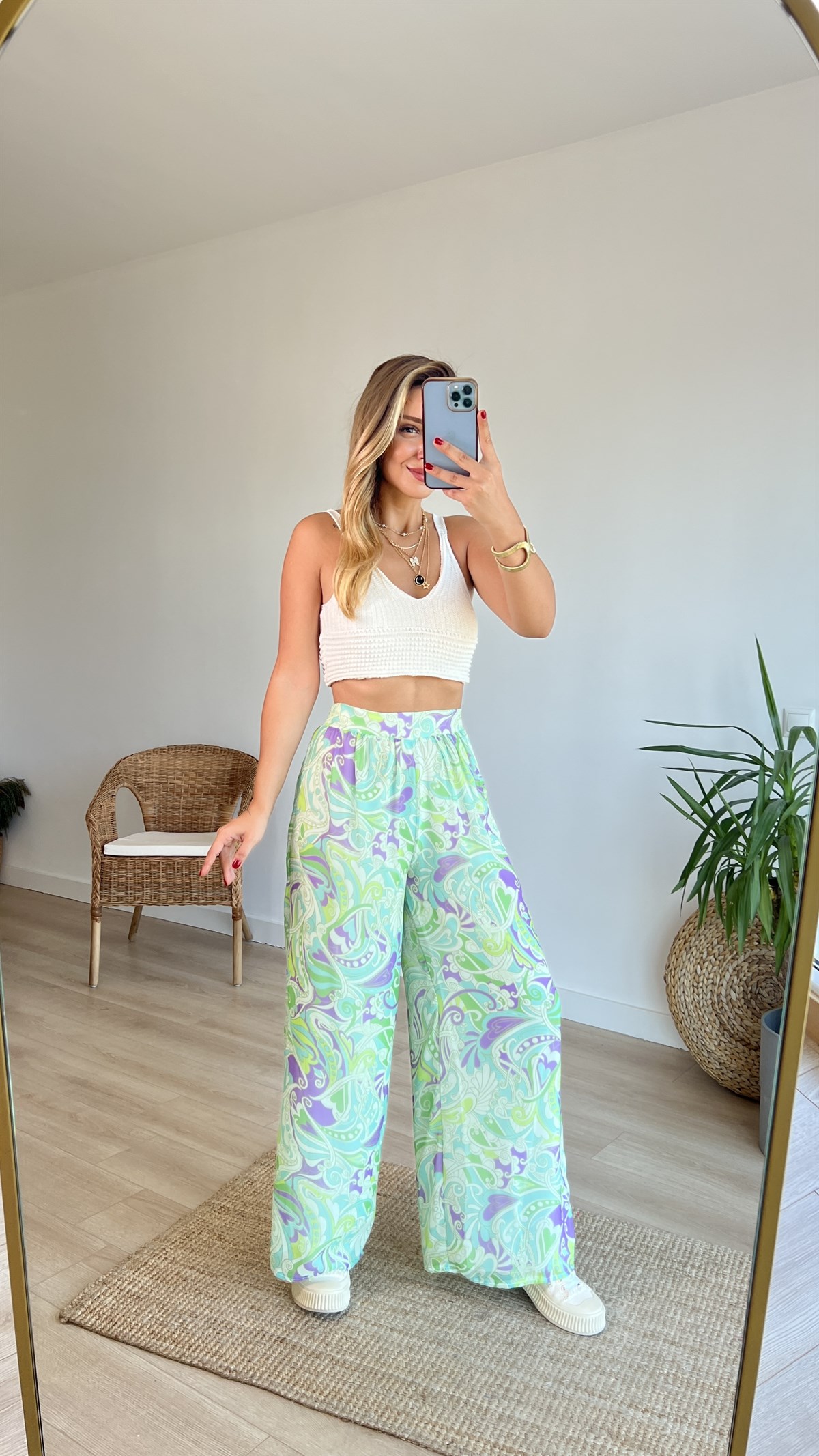 Etnik Desen Astarlı Şifon Pantolon 