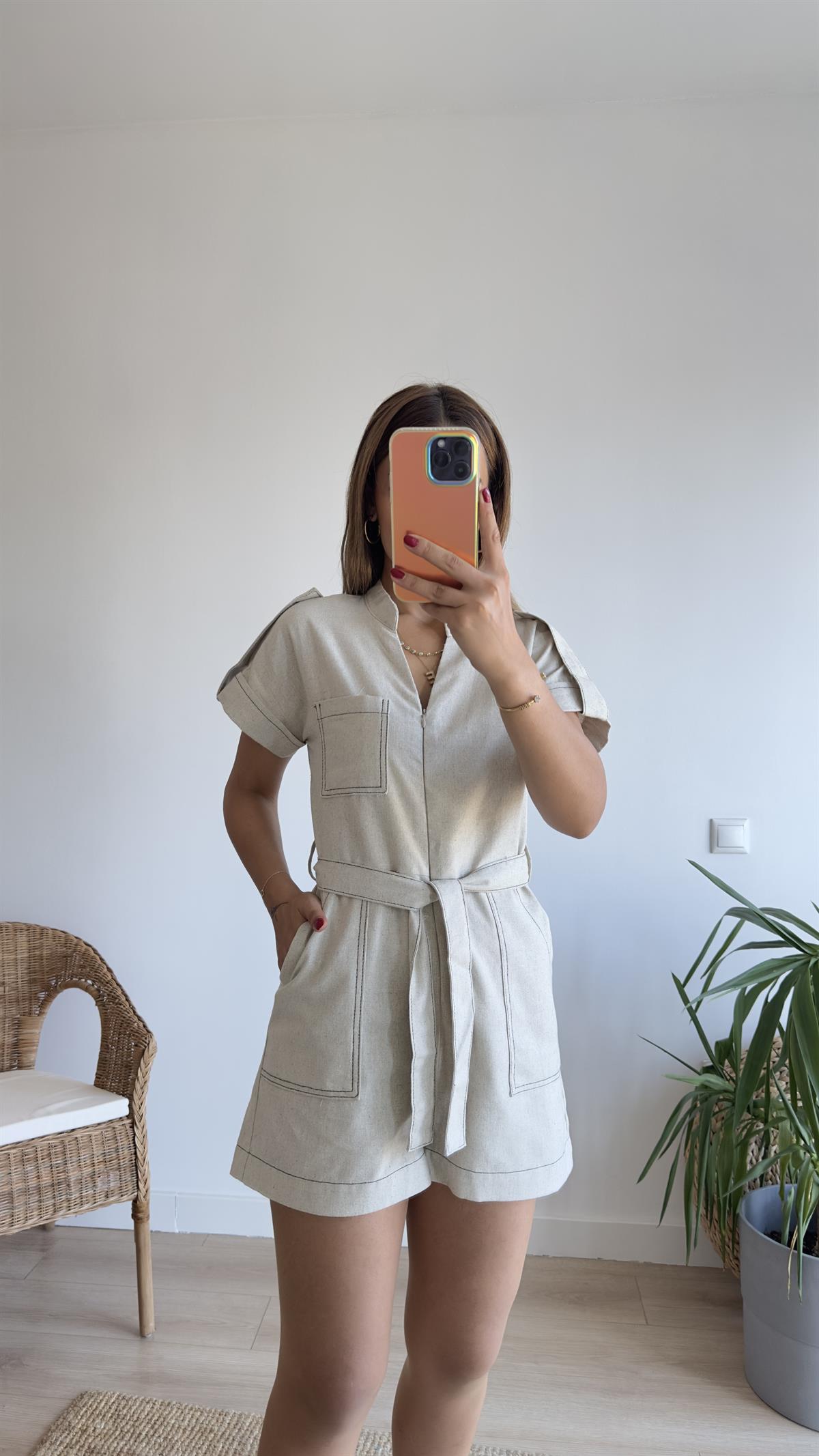 Auro Zra Model Bej Keten Şort Tulum