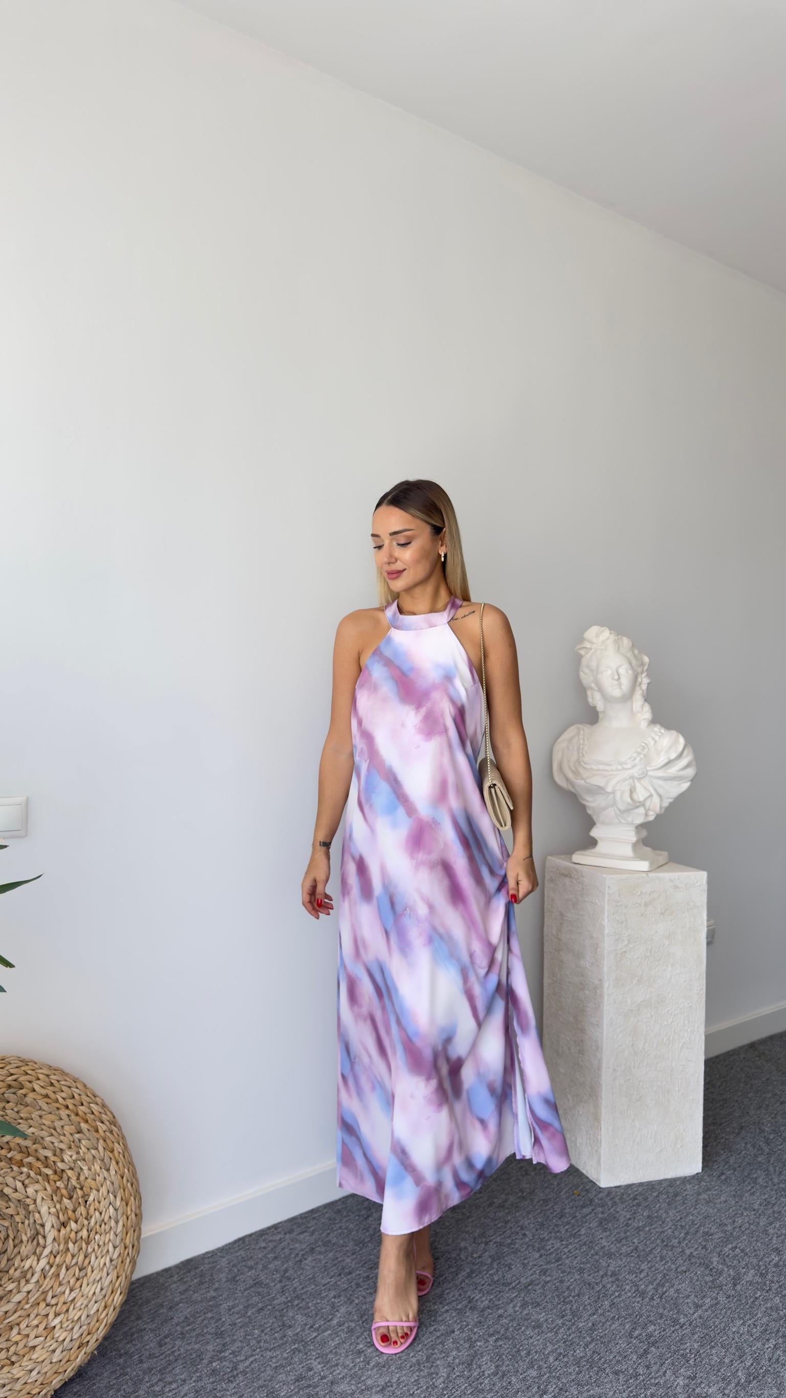 Lila Halter Yaka Desenli Elbise 