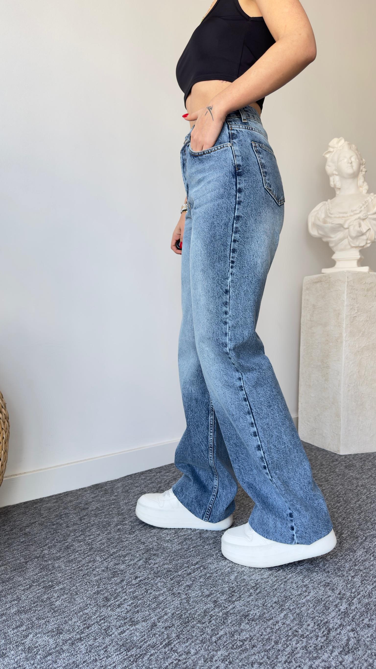 Wıde Leg Taşlamalı Mavi Jean