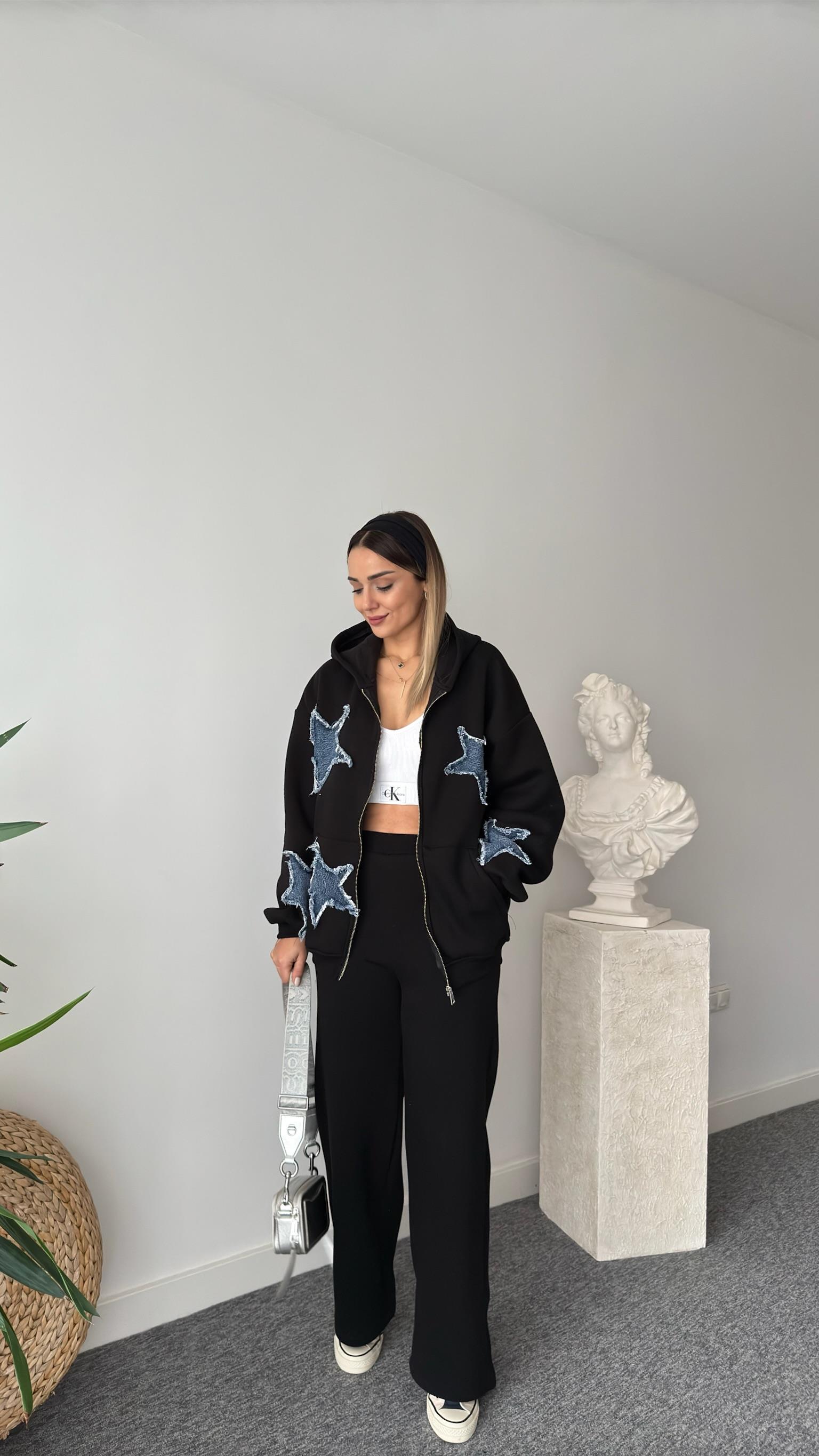 Denim Yıldız Detaylı Siyah Tasarım Takım