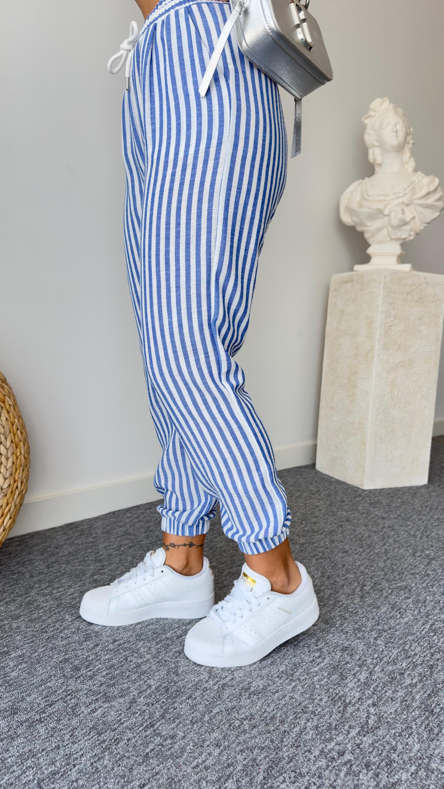 Mavi Çizgili Keten Jogger Pantolon