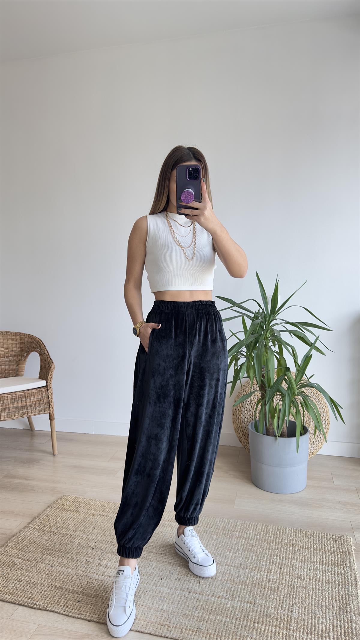 Orj Marka Beli Lastikli Kadife Jogger