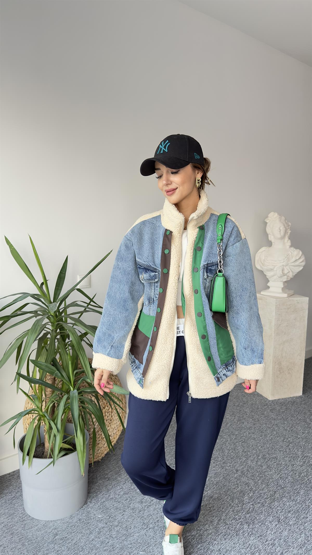 Denim Mix Yeşil Detay Peluş Mont