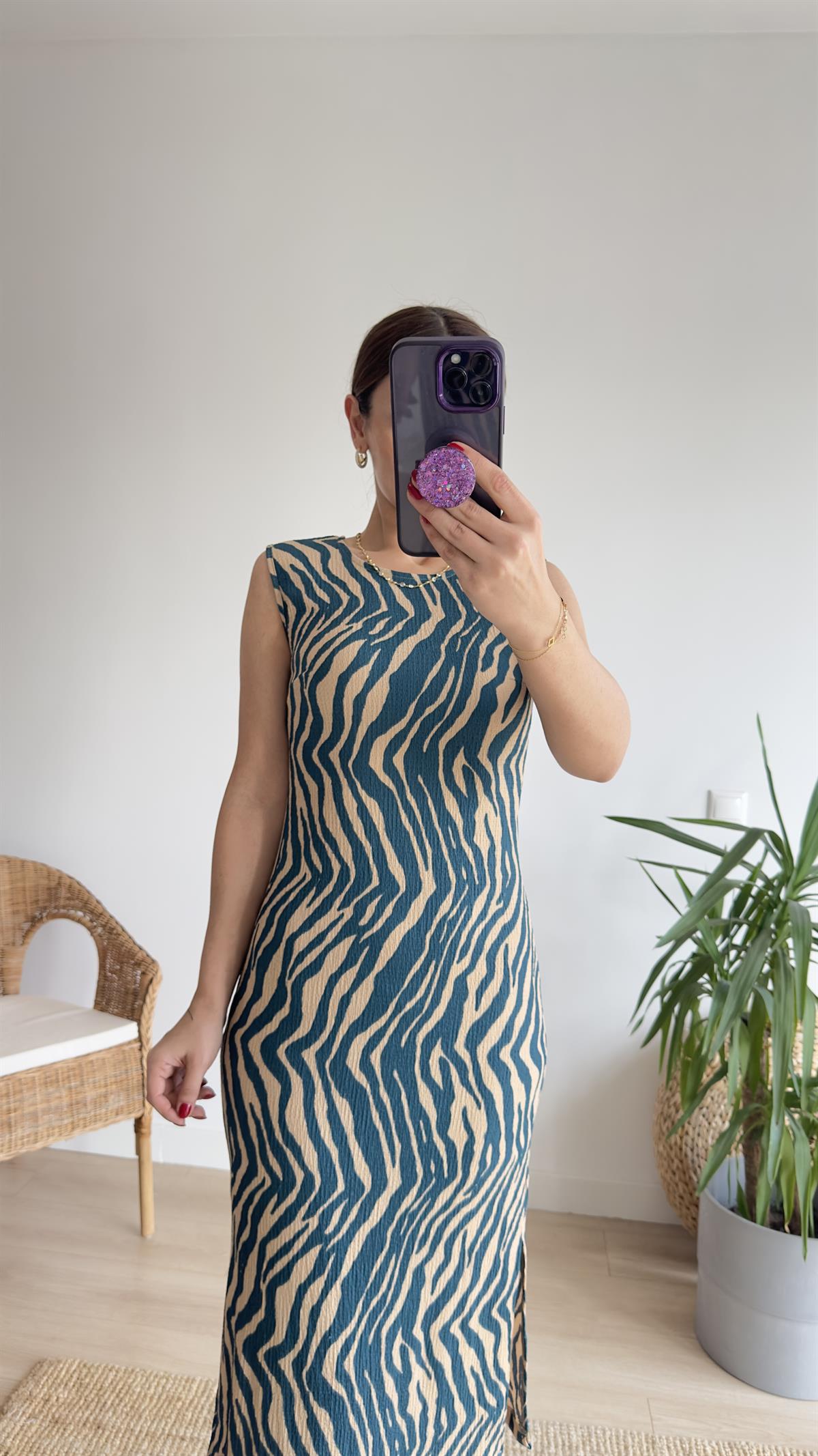 Yeşil Zebra Desen Yırtmaçlı Elbise