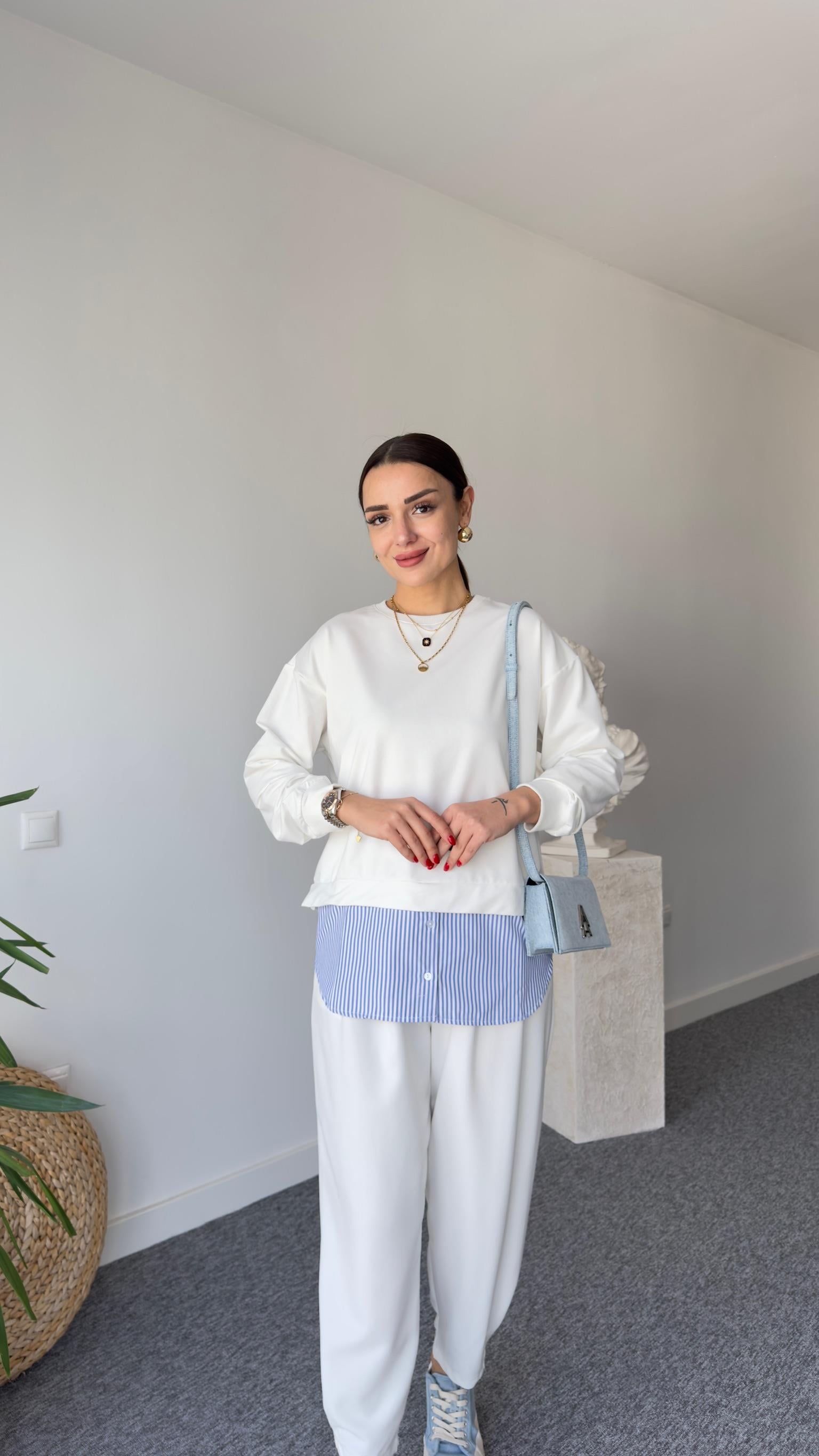 Çizgili Poplin Garnili Beyaz Sweat