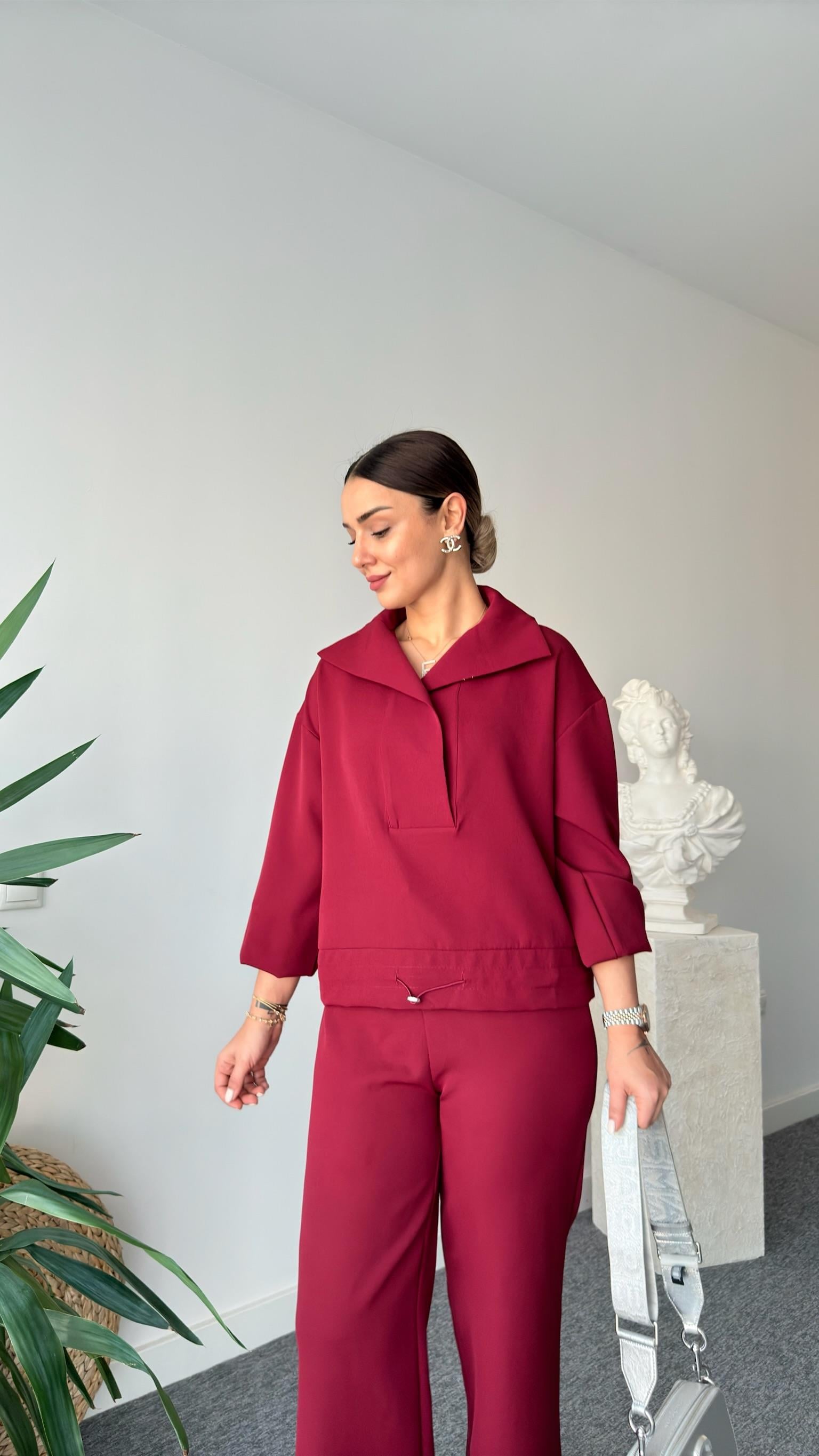 Bordo Beli Stoperli Double Takım