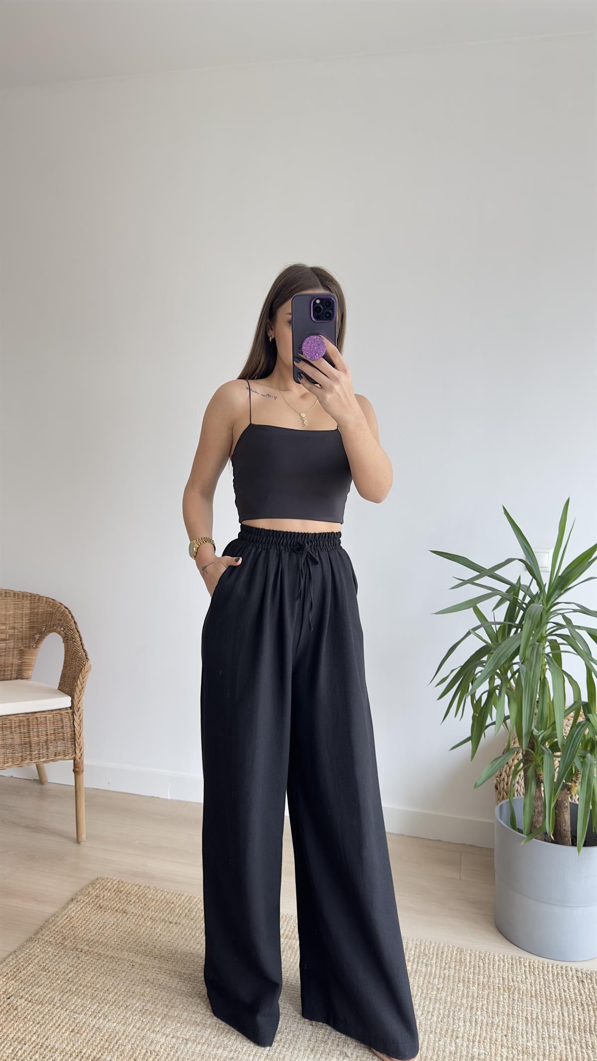 Keten Beli Lastikli Siyah Pantolon
