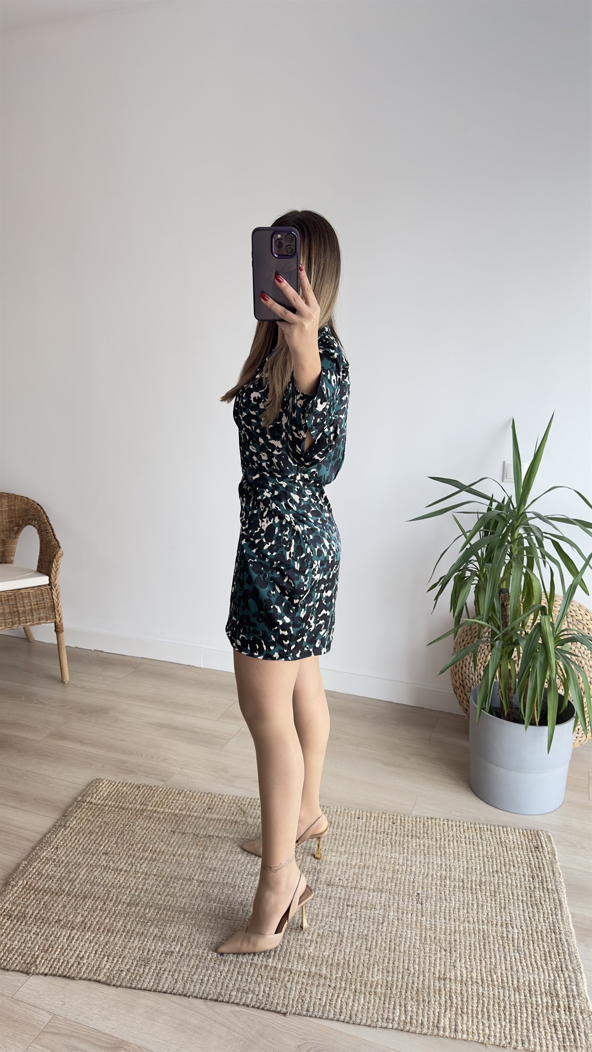  Leopar Desen Bağlamalı Yeşil Elbise   