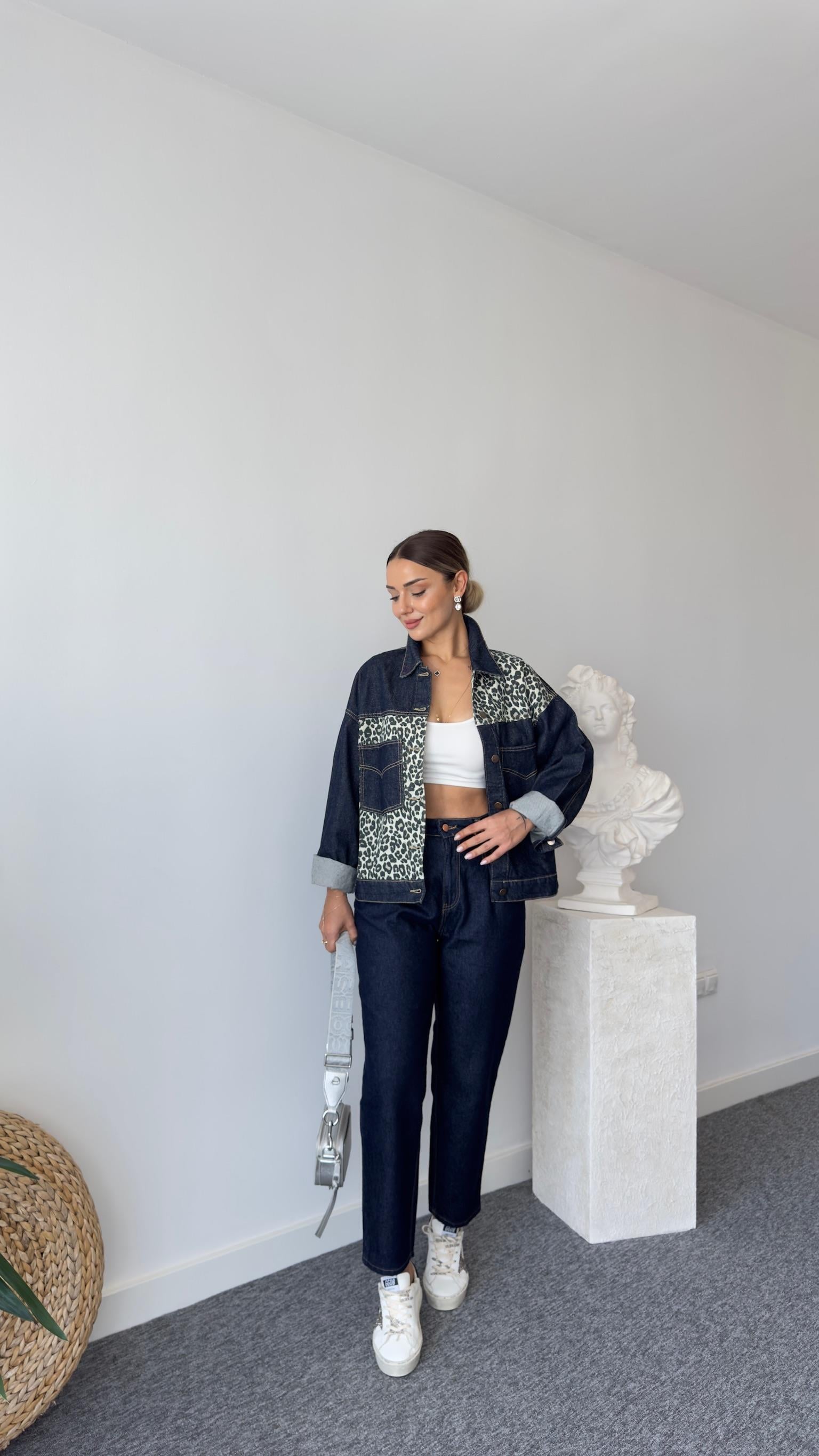 Marya Leopar Detaylı Lacivert Jean Ceket