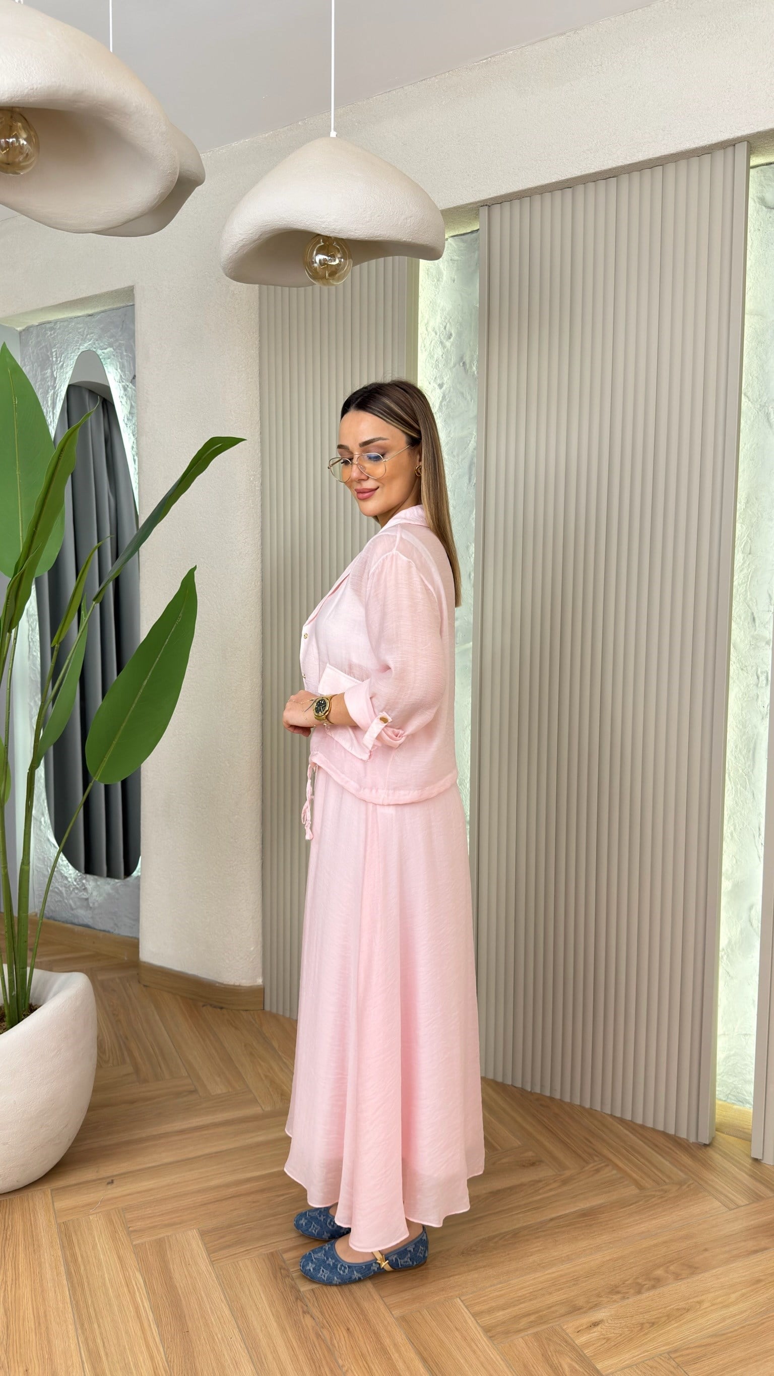 Pembe Kley Tül Tensel Ceket Etek Takım