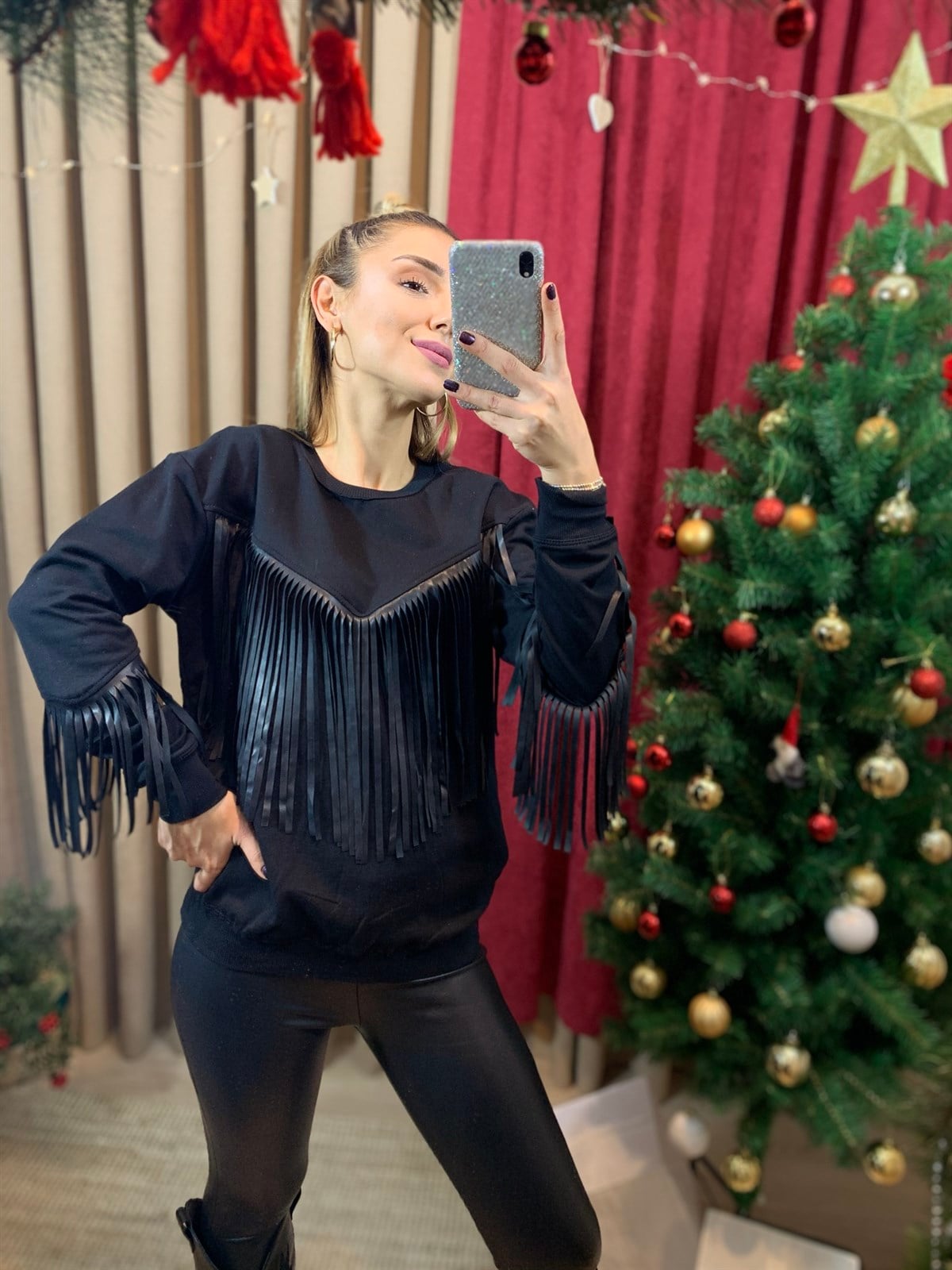 Deri Püsküllü Sweatshirt