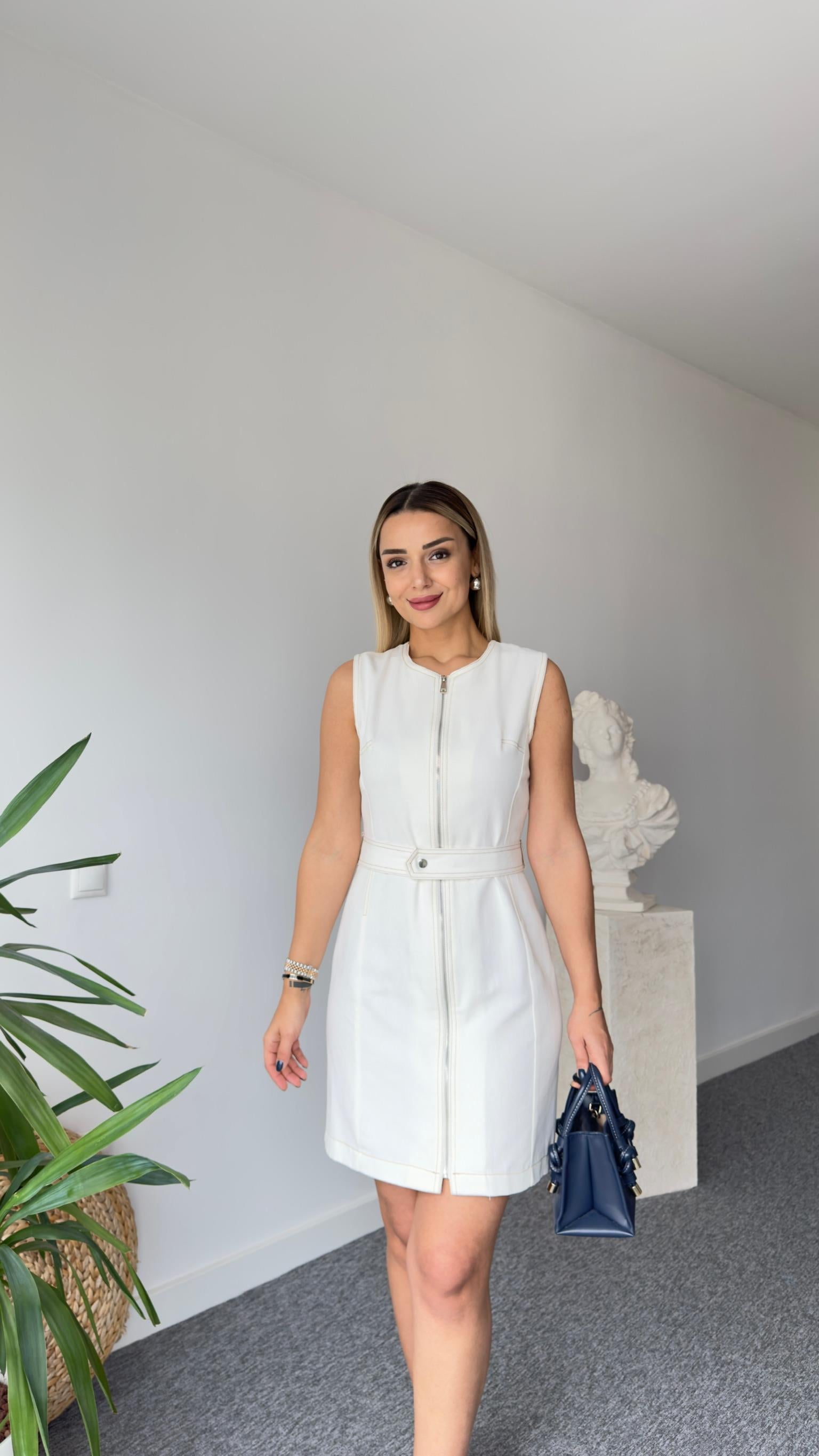Spen Kemerli Kolsuz Gabardin Elbise