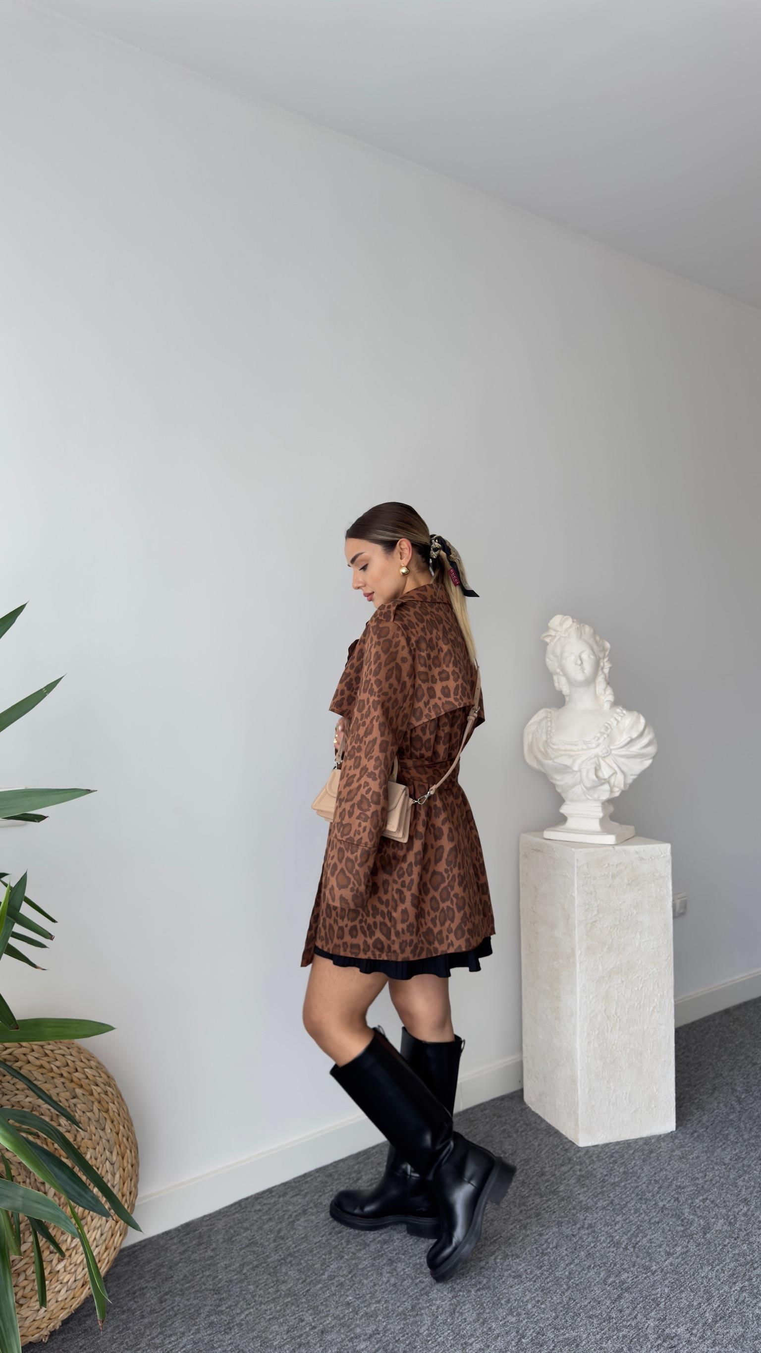 Kahve Zra Model Kuşaklı Leopar Ceket