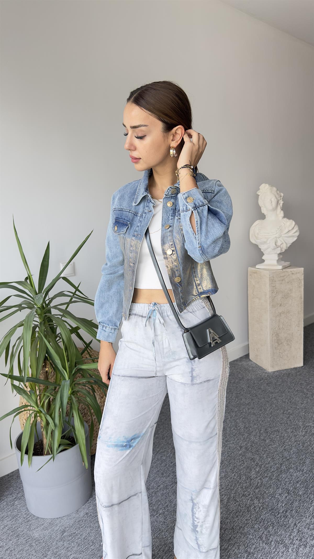 Zra Model Gold Metalik Detay Jean Ceket