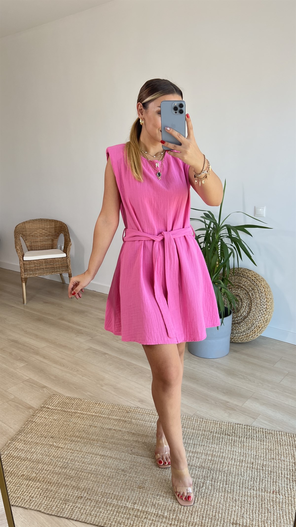Müslin Kumaş Vatkalı Pembe Elbise