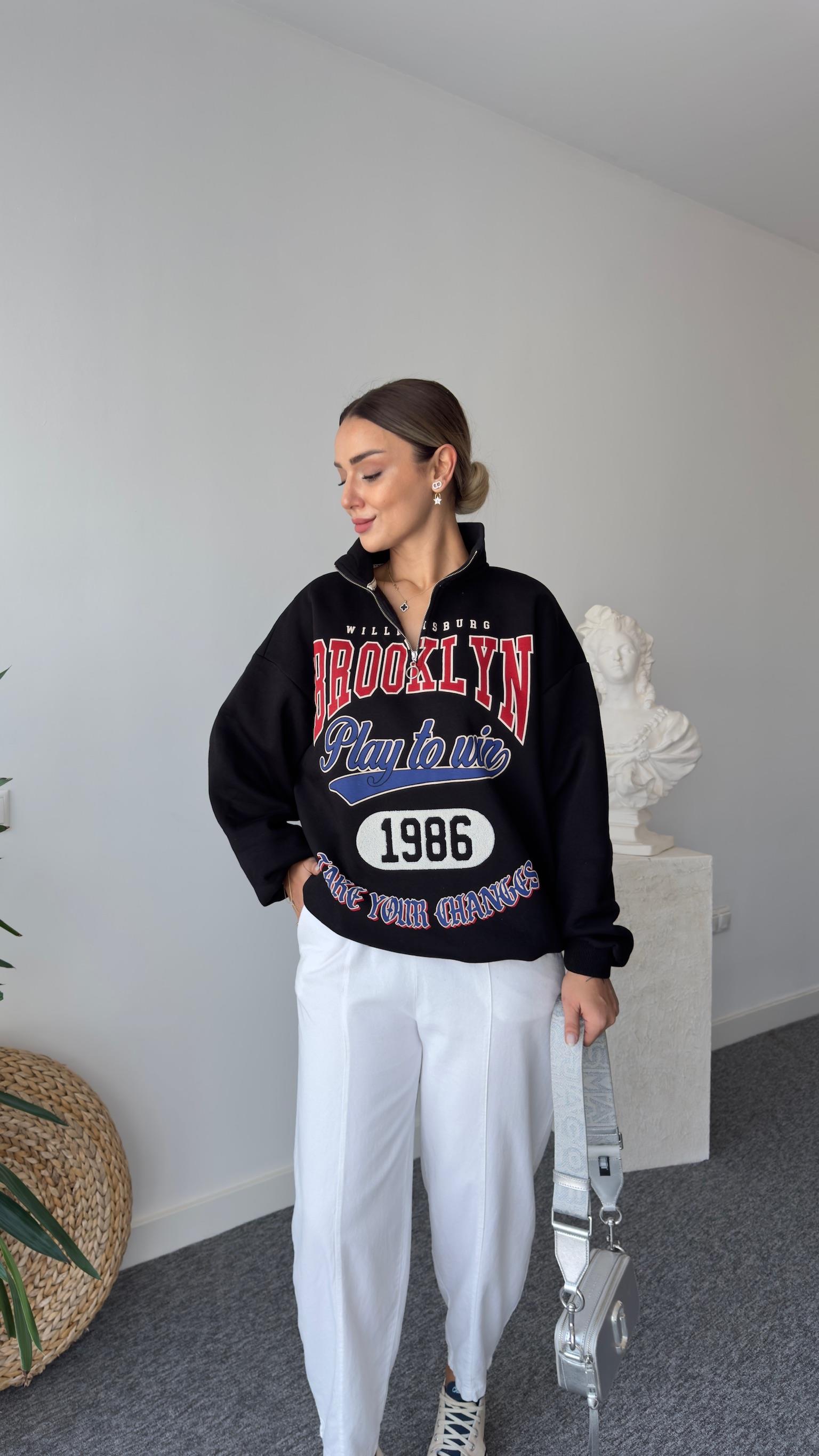 Yarım Fermuar Brooklyn Yazılı Sweatshirt