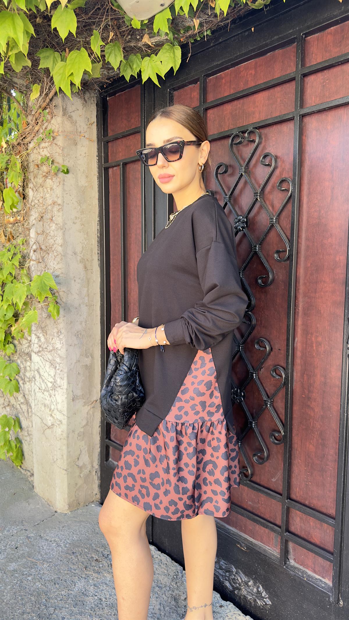 Leopar Detaylı Sweat Elbise
