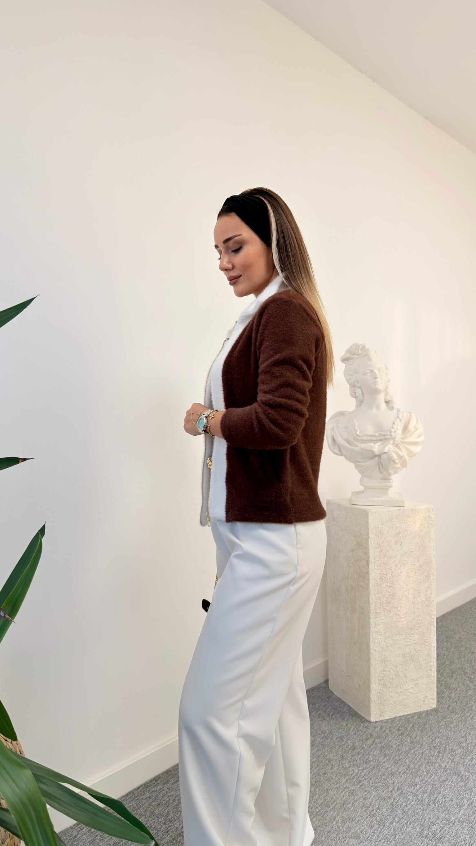 Kahve Angora Şerit Detaylı Hırka