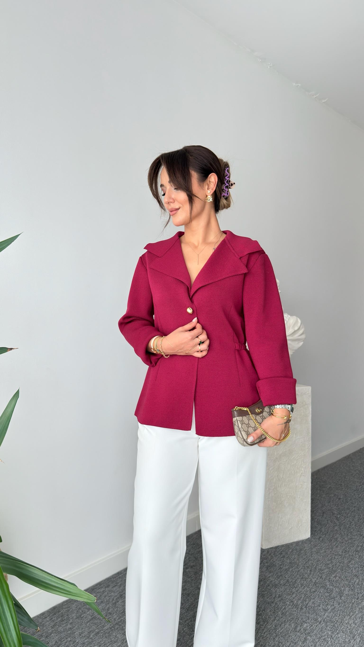 Bordo Lotse Gold Düğme Triko Ceket