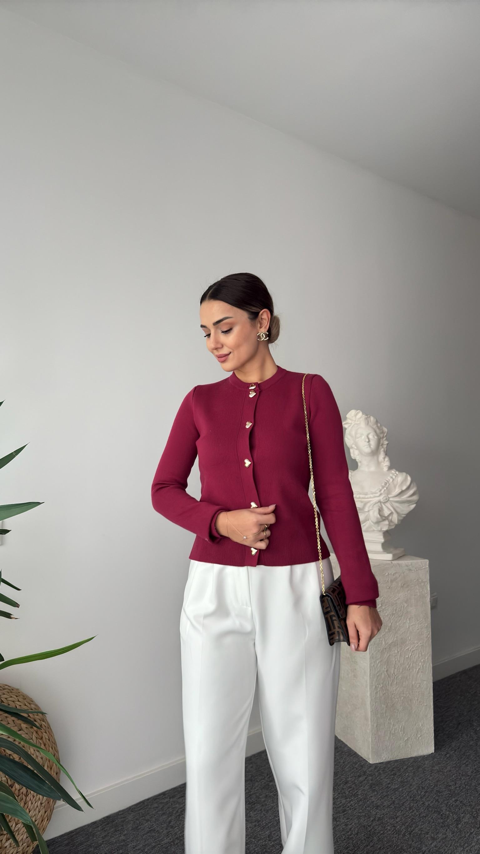 Gold Kalp Düğmeli Bordo Yumoş Hırka
