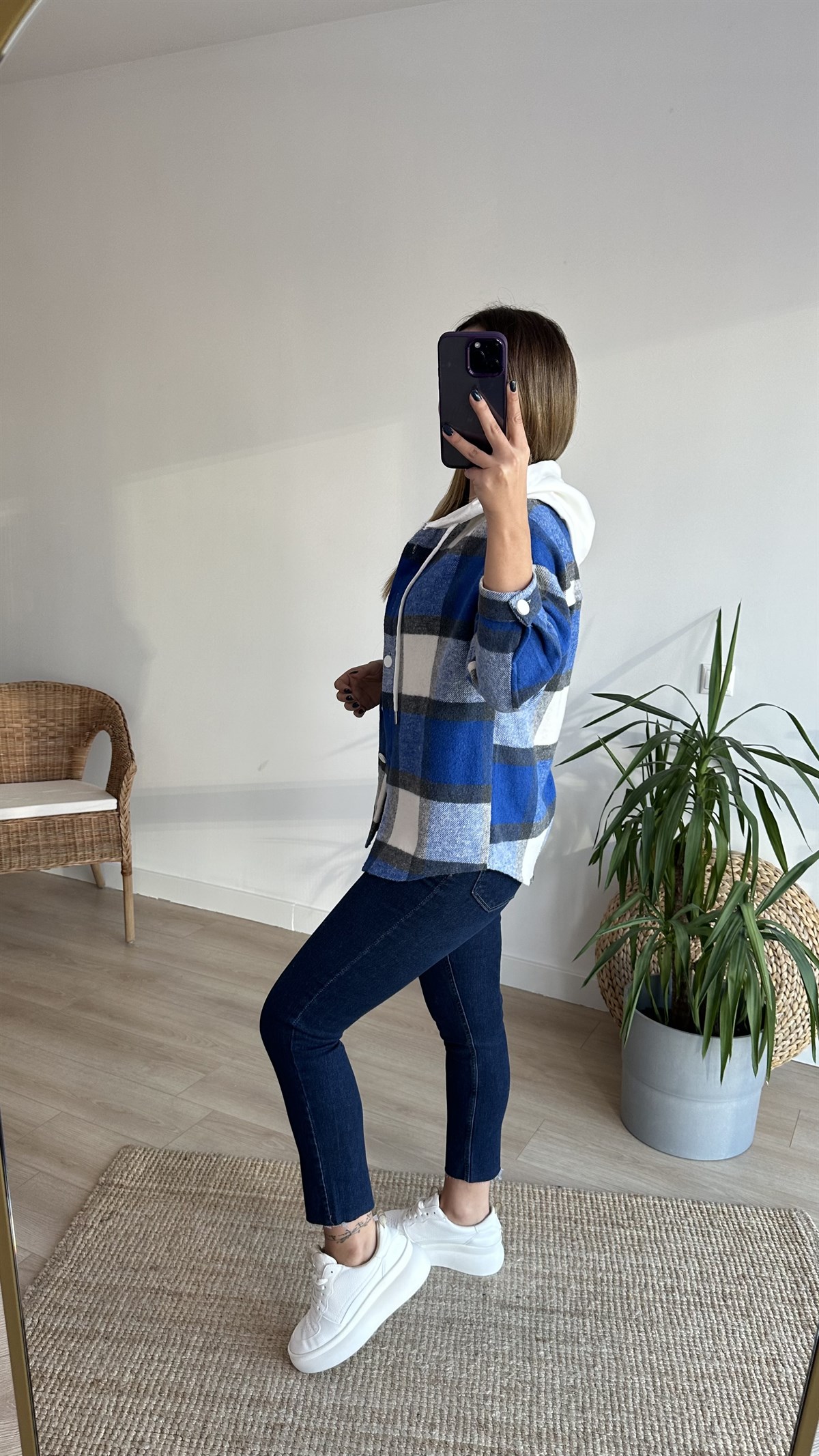 Mavi Ekose Detay Kapüşonlu Sweatshirt