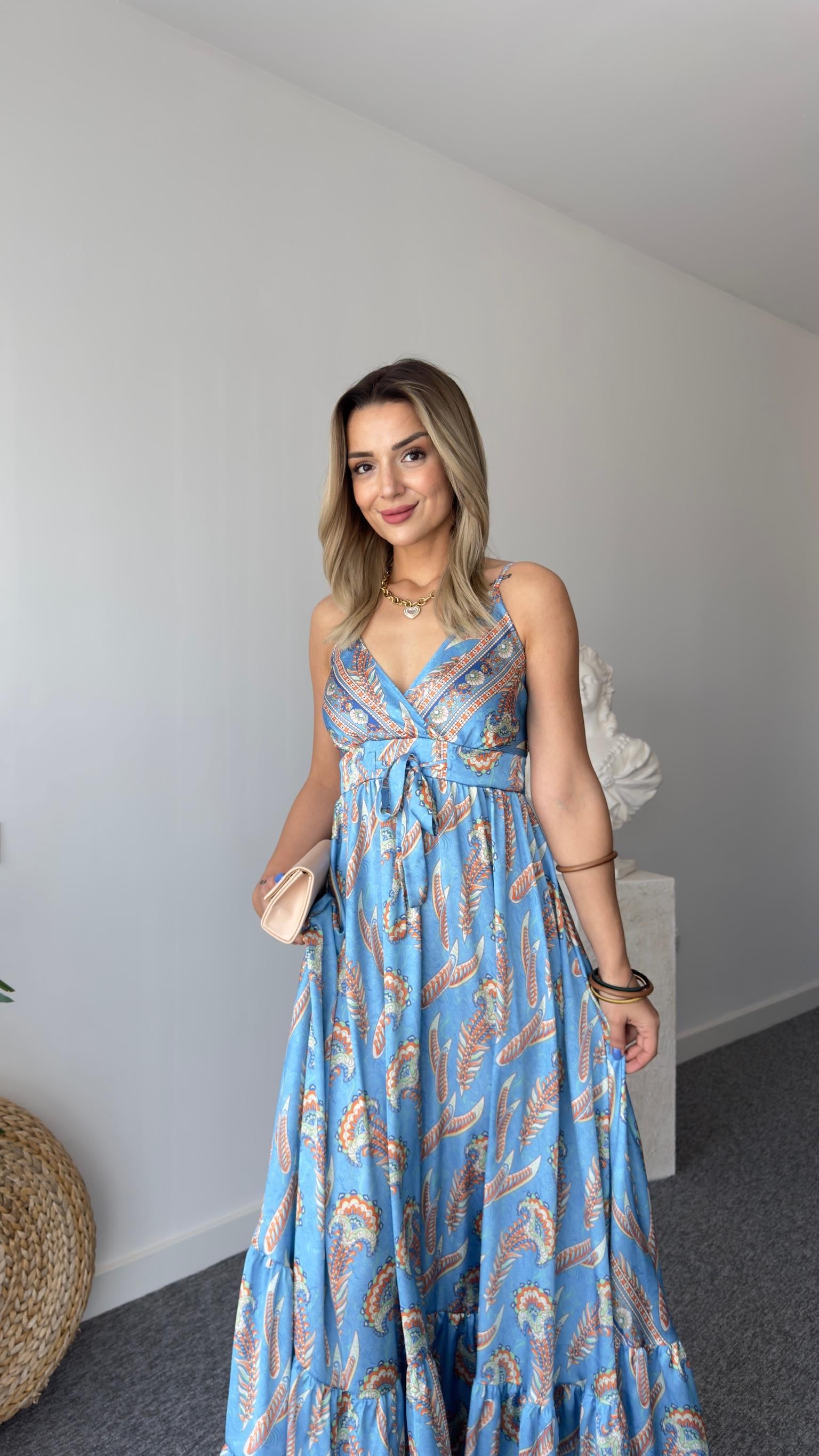 Mavi Etnik Desen Saten Premium Elbise