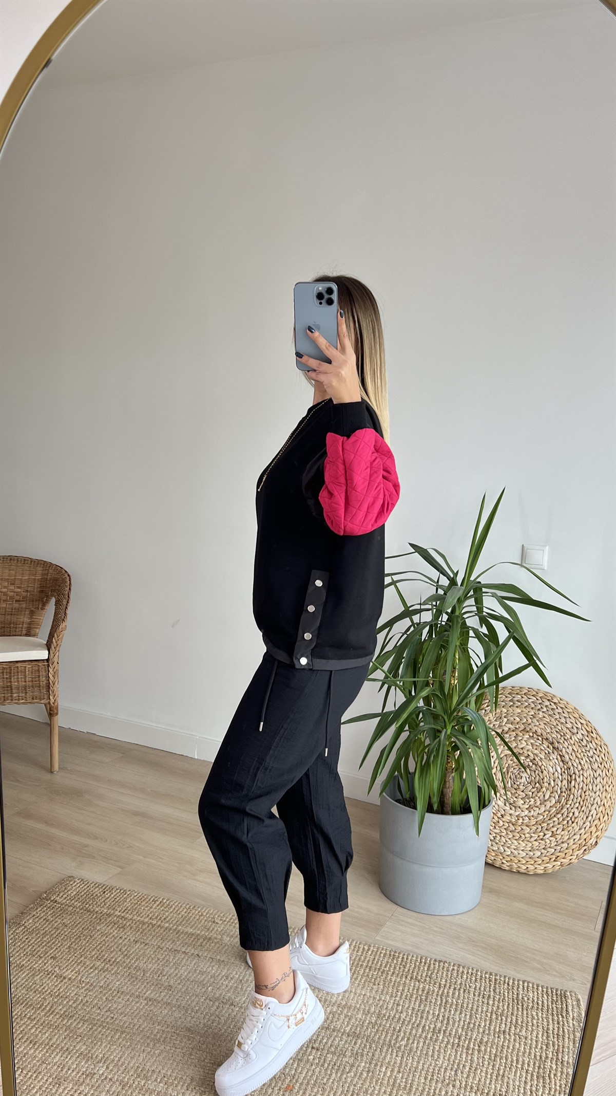  Kolları Pembe Kapitone Tasarım Sweat