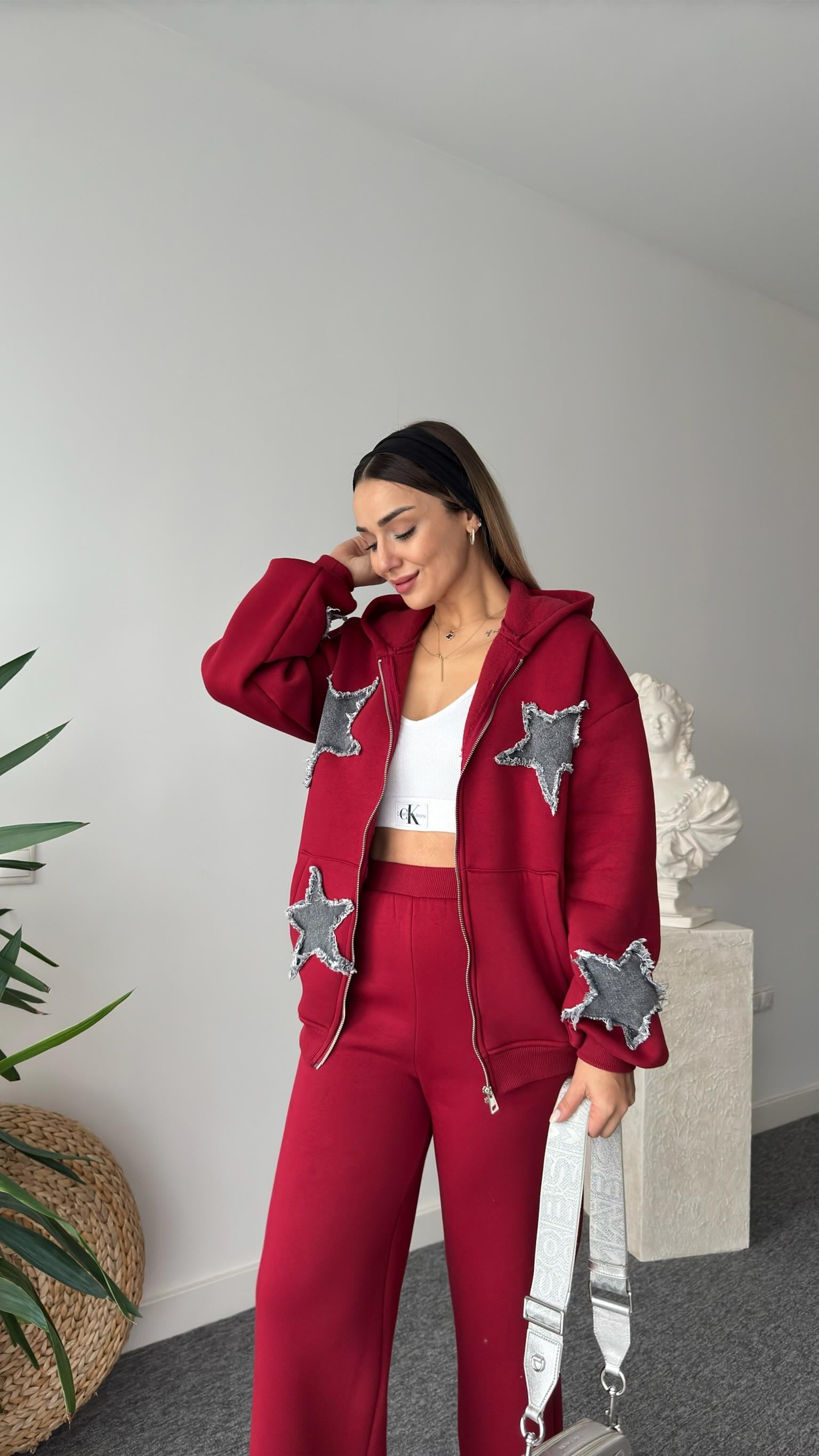 Denim Yıldız Detaylı Bordo Tasarım Takım