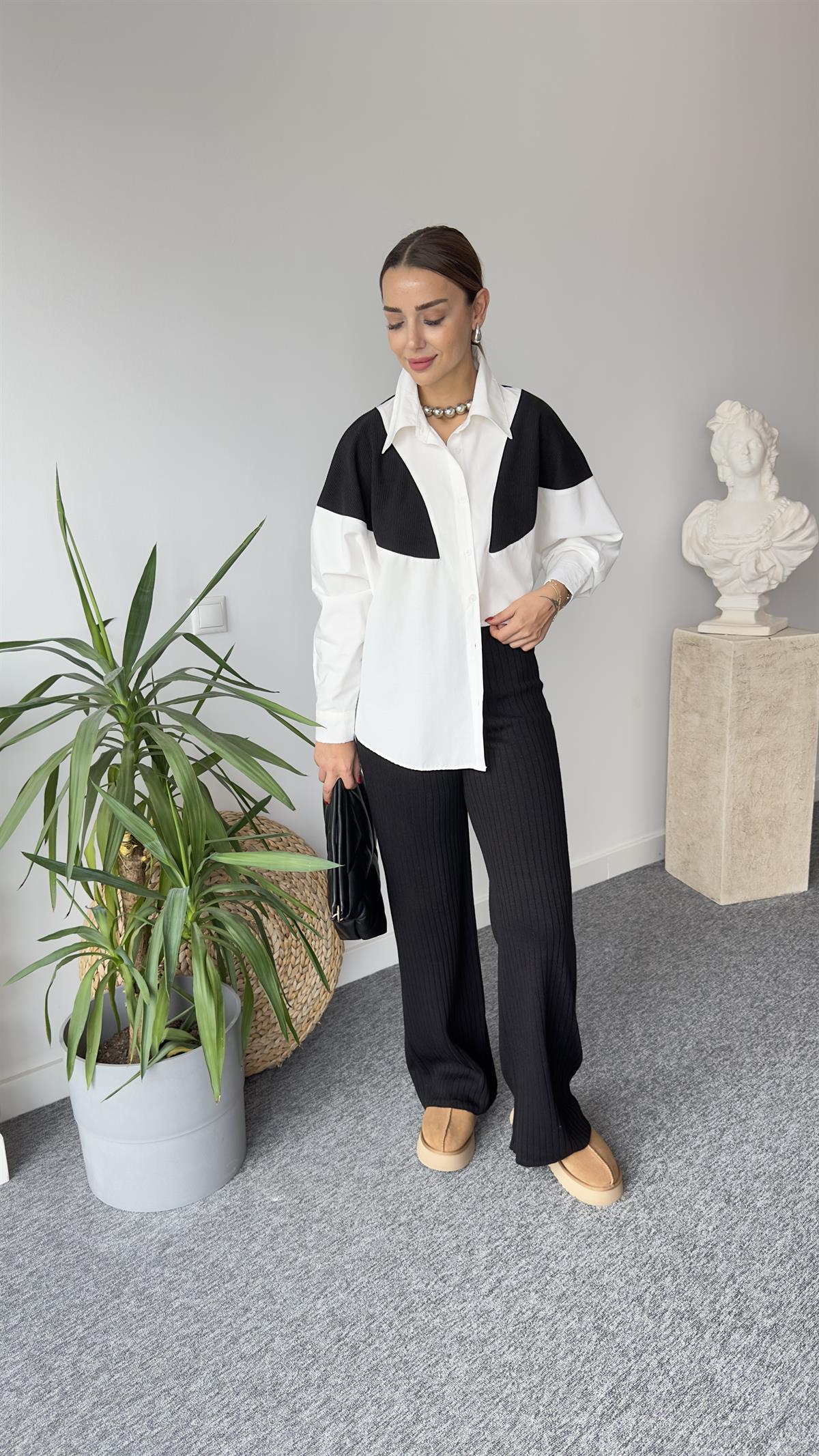 Siyah Triko Detaylı Std Gömlek