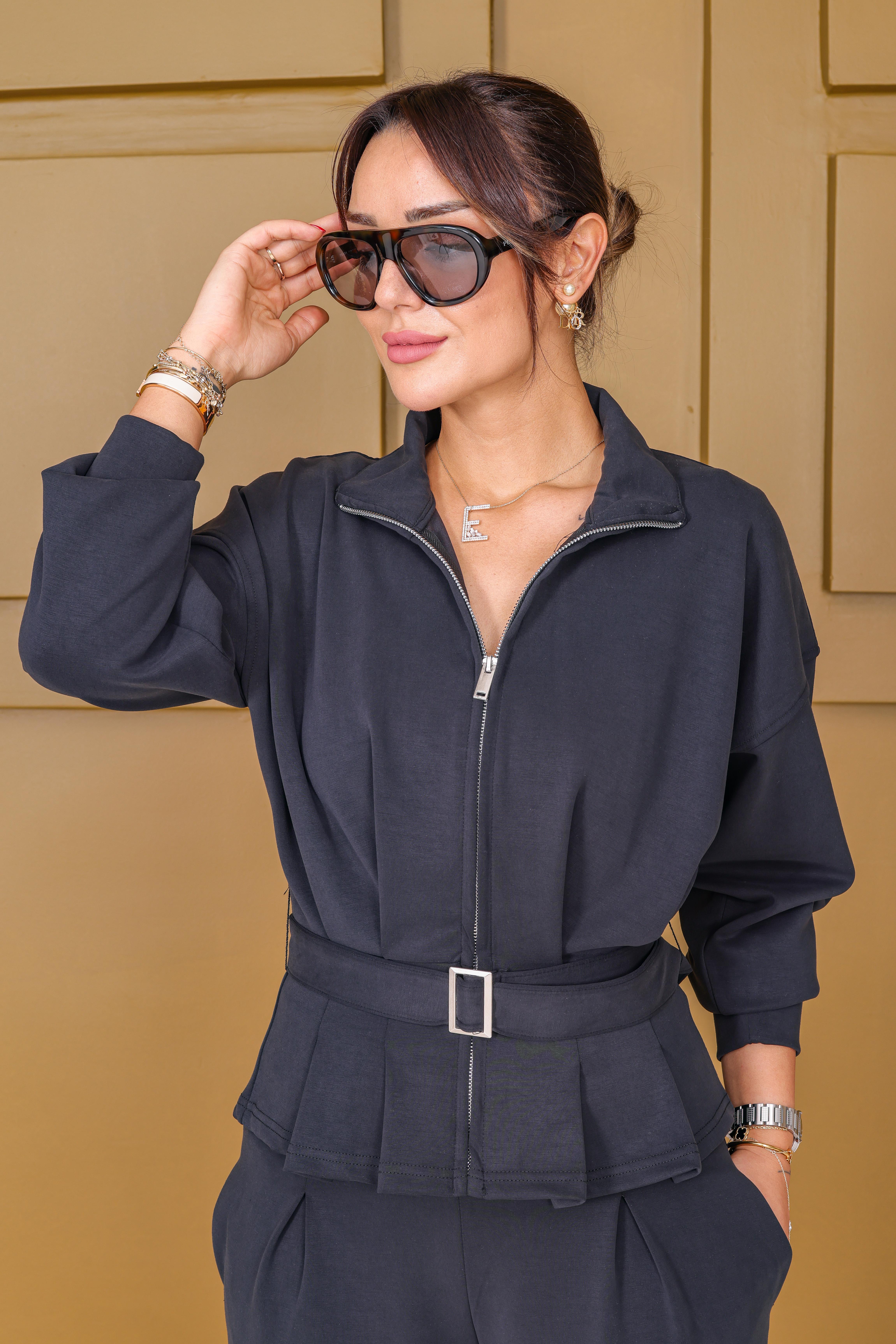 Siyah Kemer Detaylı Oys Model Geniş Paça Pantolon Takım