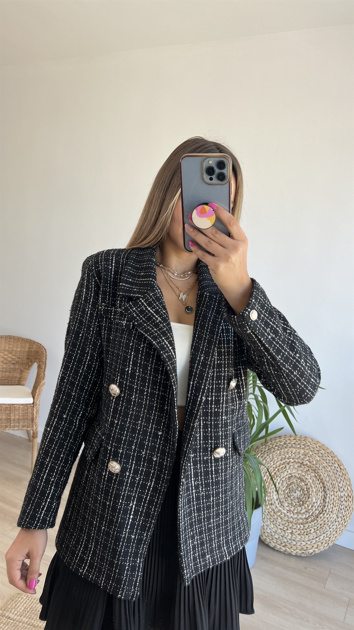 Siyah Beyaz Tüvit Blazer Ceket 