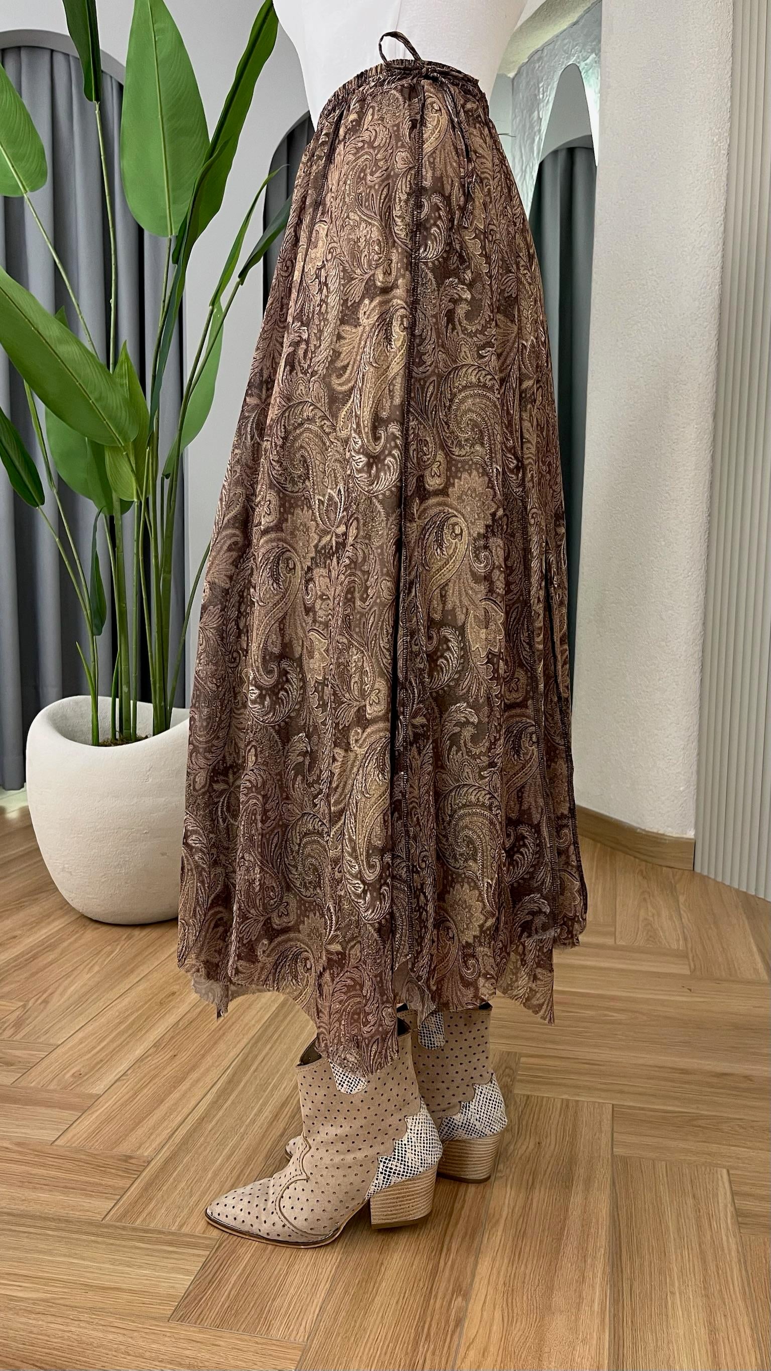 Kahve Zien Etnik Desenli Şifon Etek