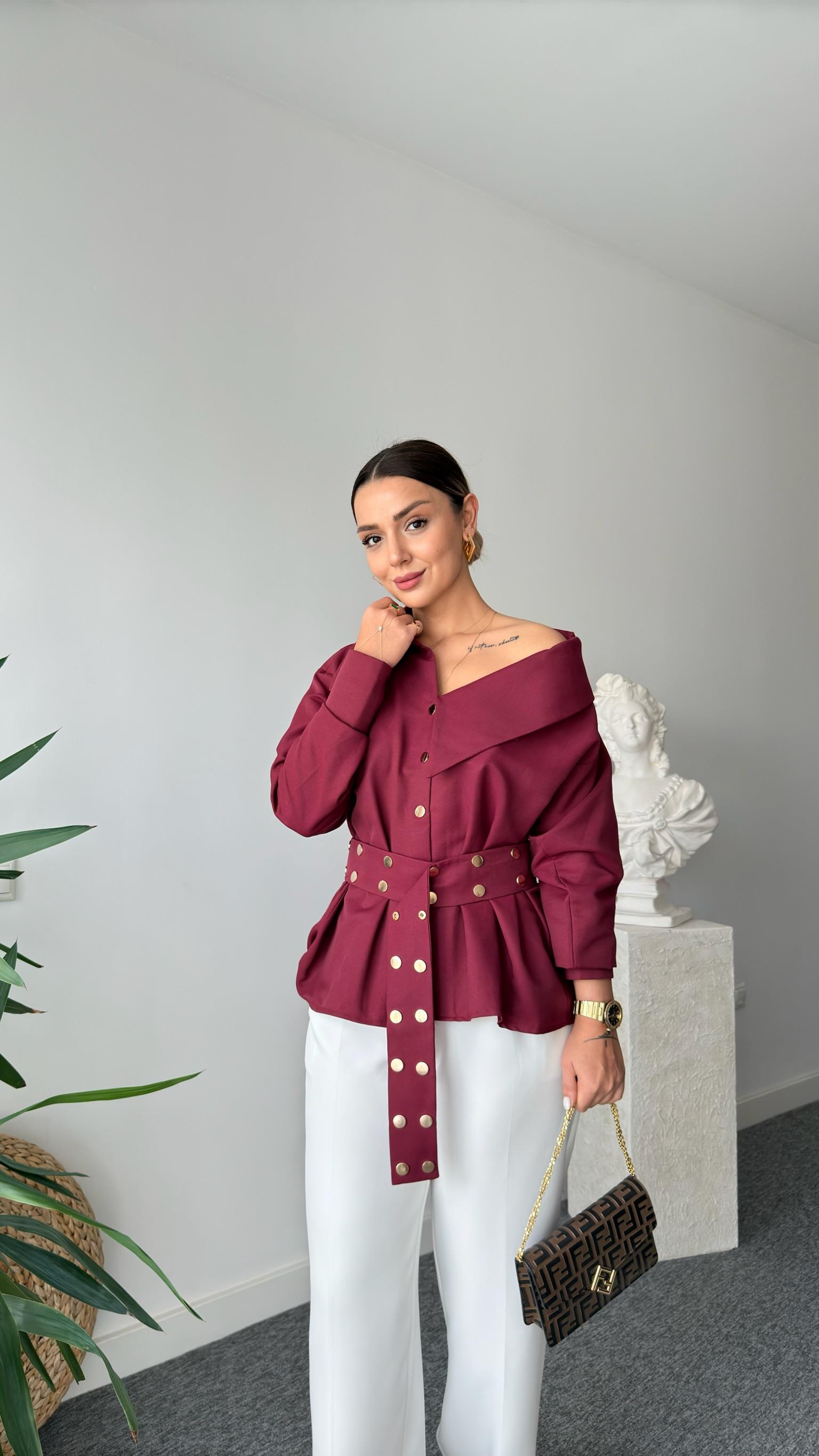 Dianes Marka Model Kemerli Tasarım Bordo Gömlek 