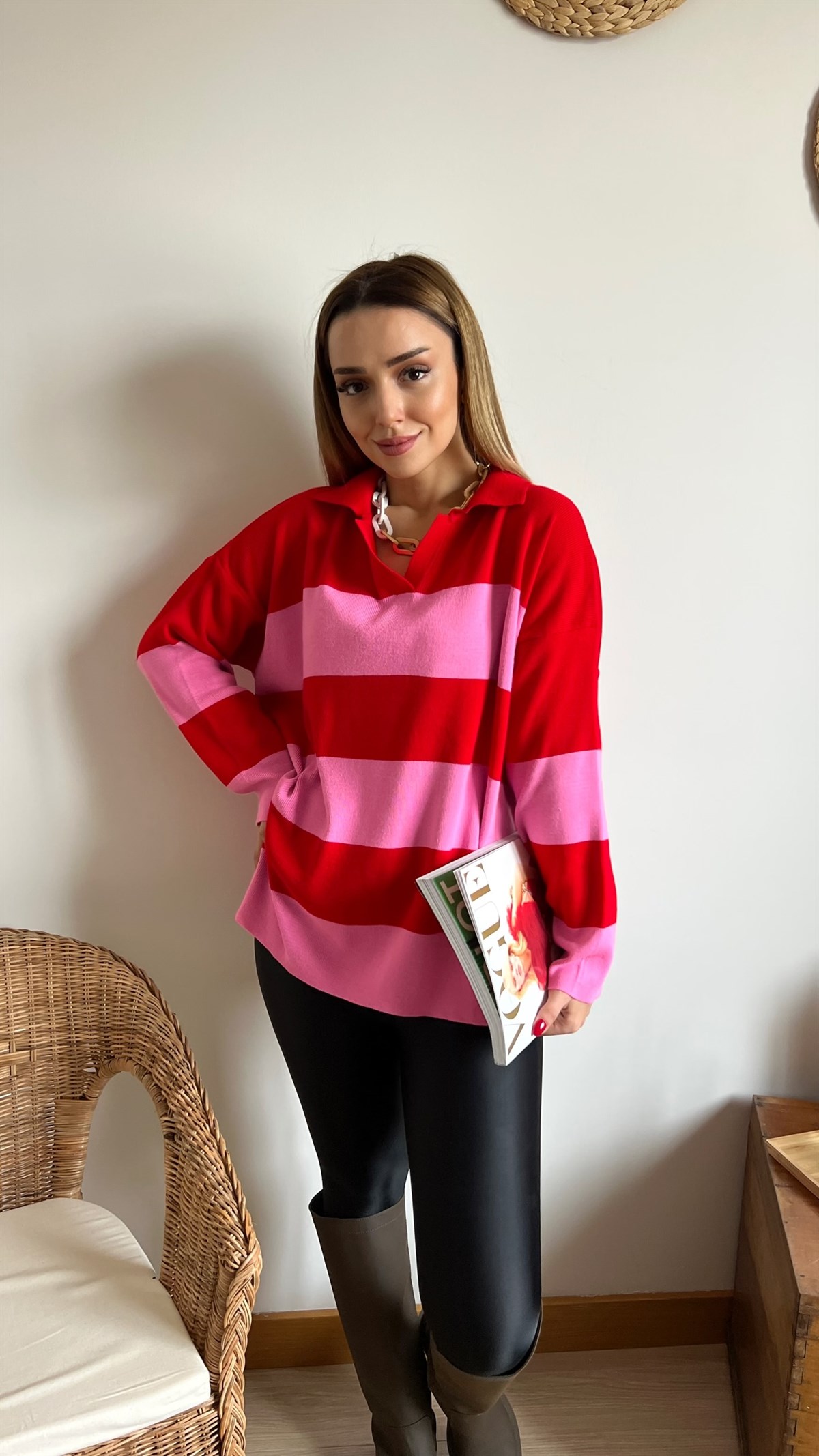 Kırmızı Pembe Polo Yaka Triko