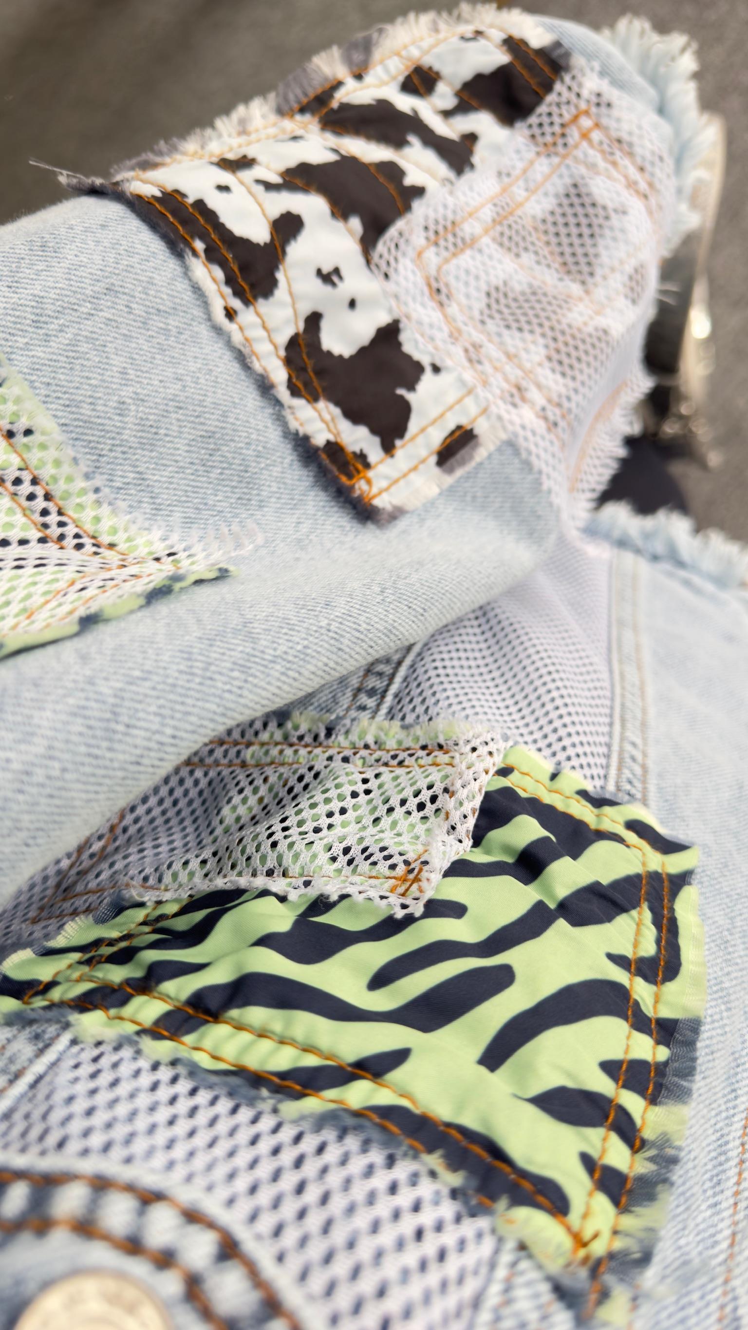 Fileli Patchwork Tasarım Jean Ceket