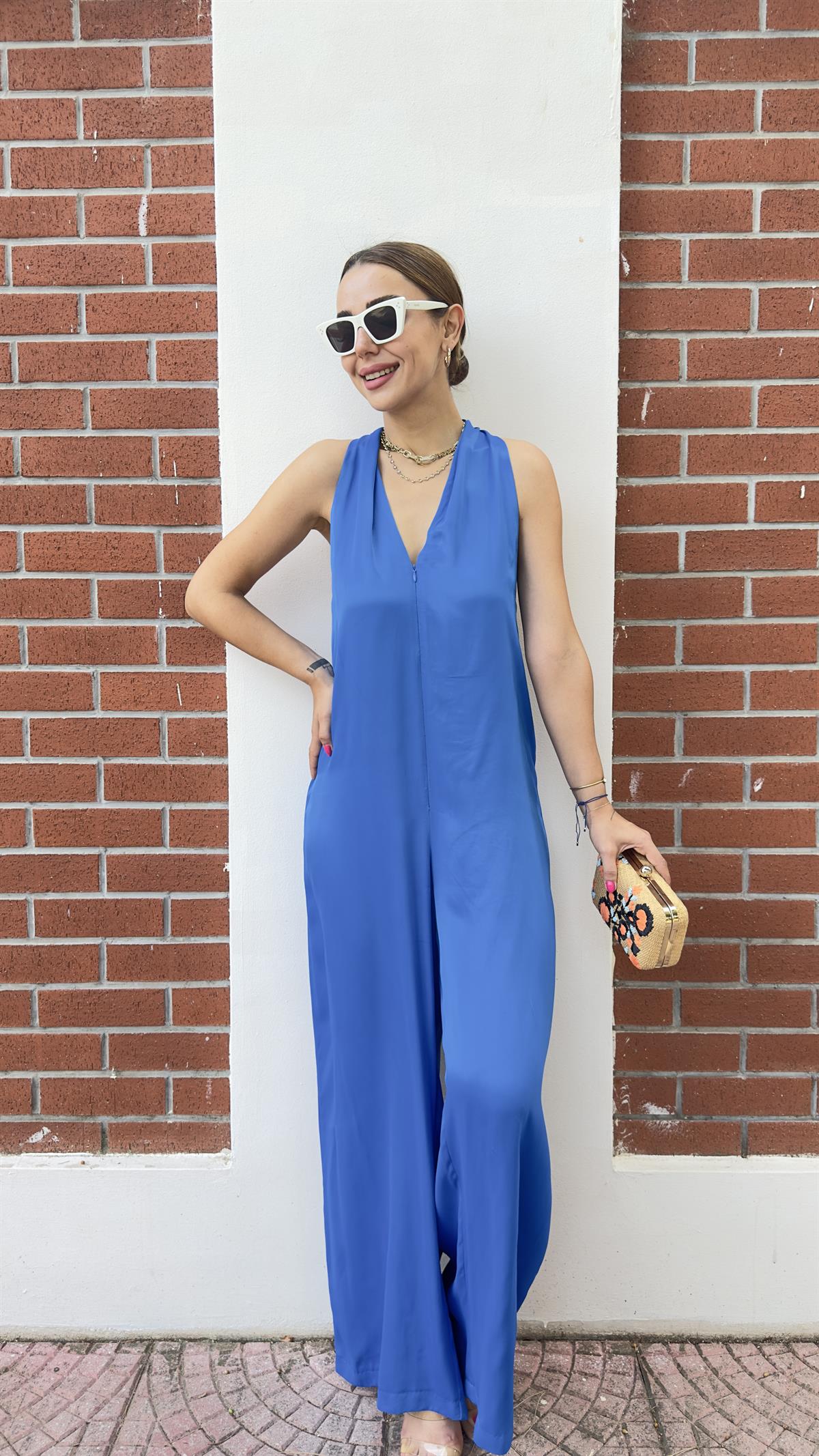 Senia Fermuarlı Mavi Saten Tulum