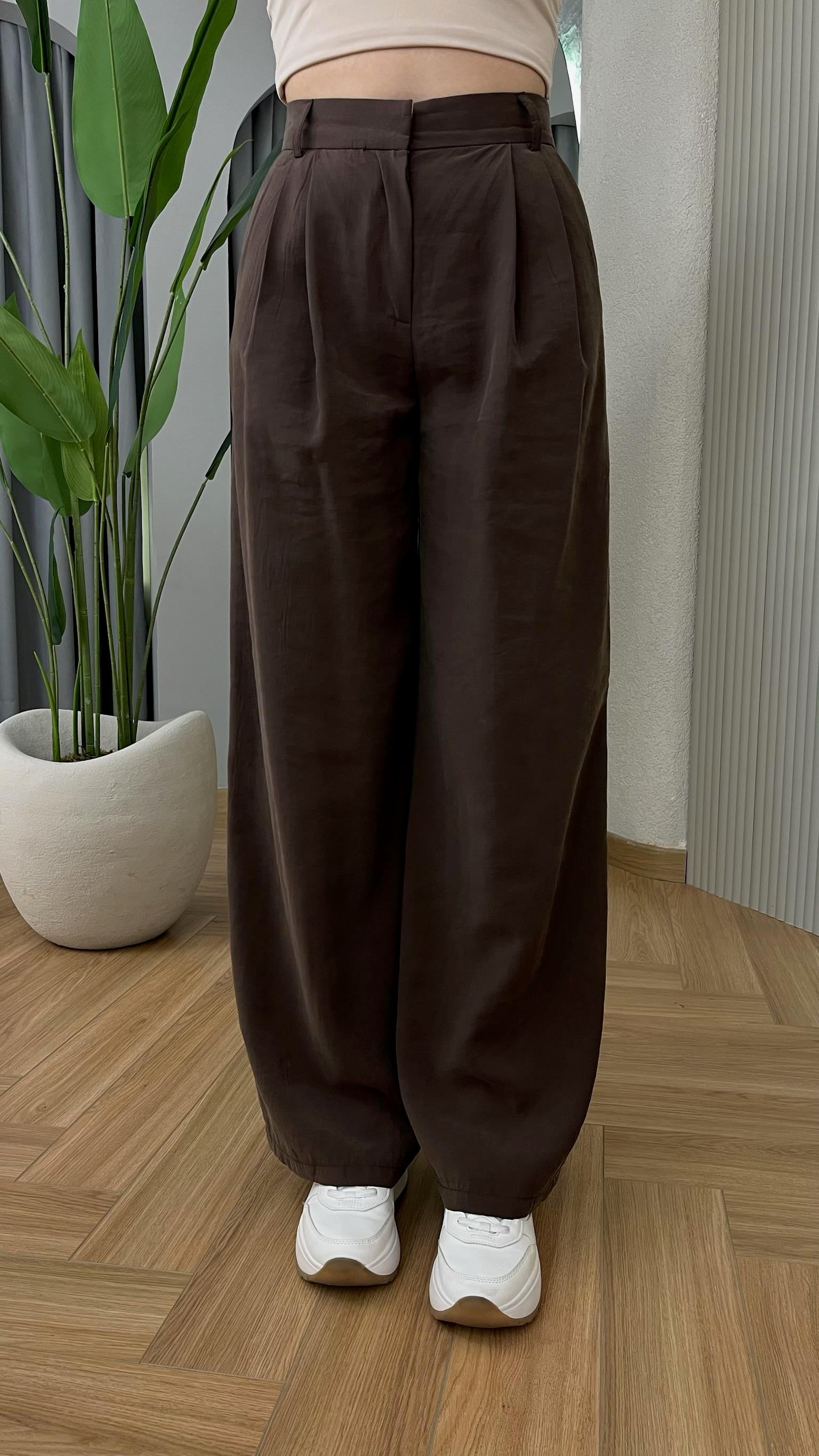 Kahve Tülna Bol Paça Tensel Pantolon