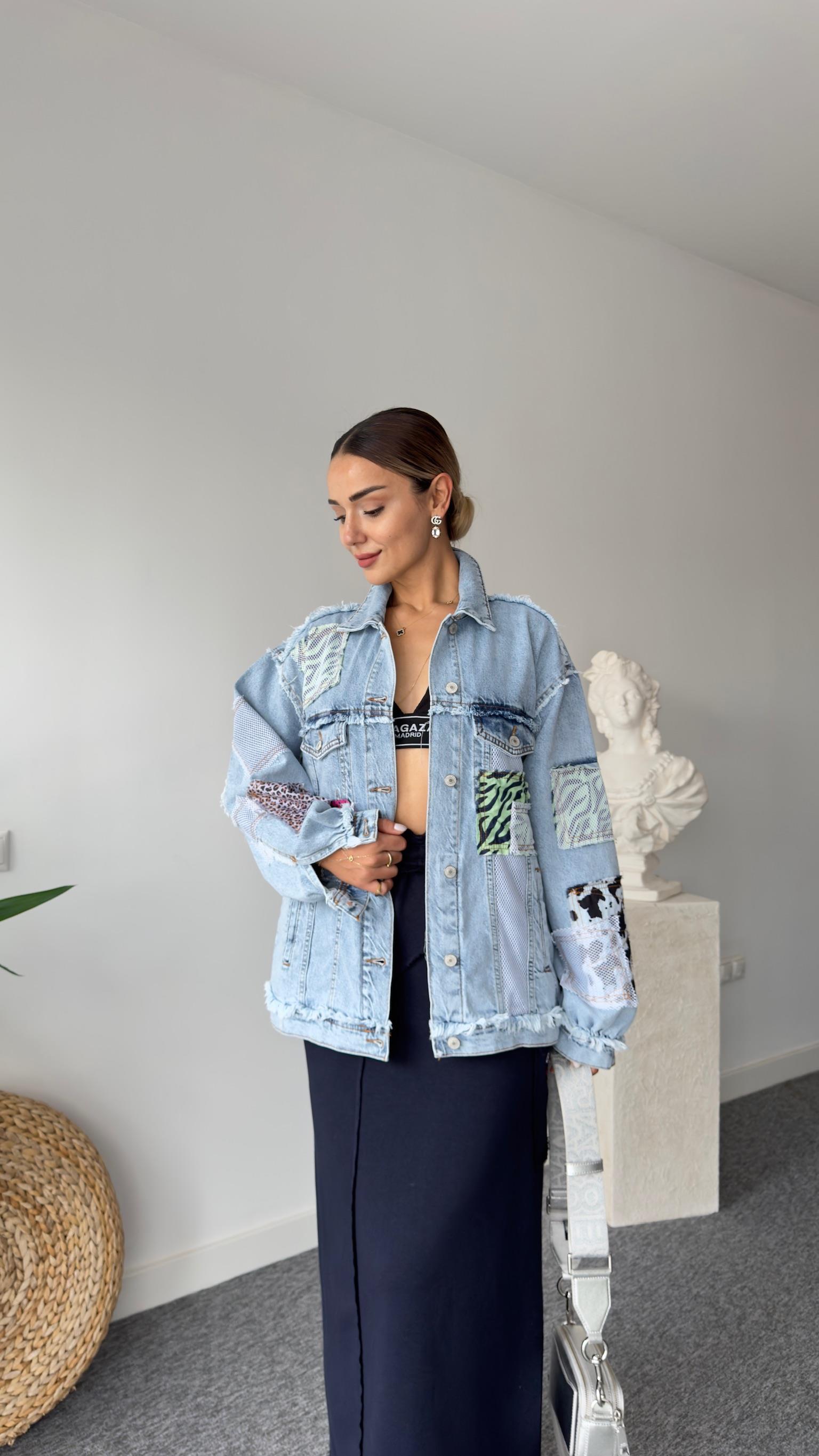Fileli Patchwork Tasarım Jean Ceket