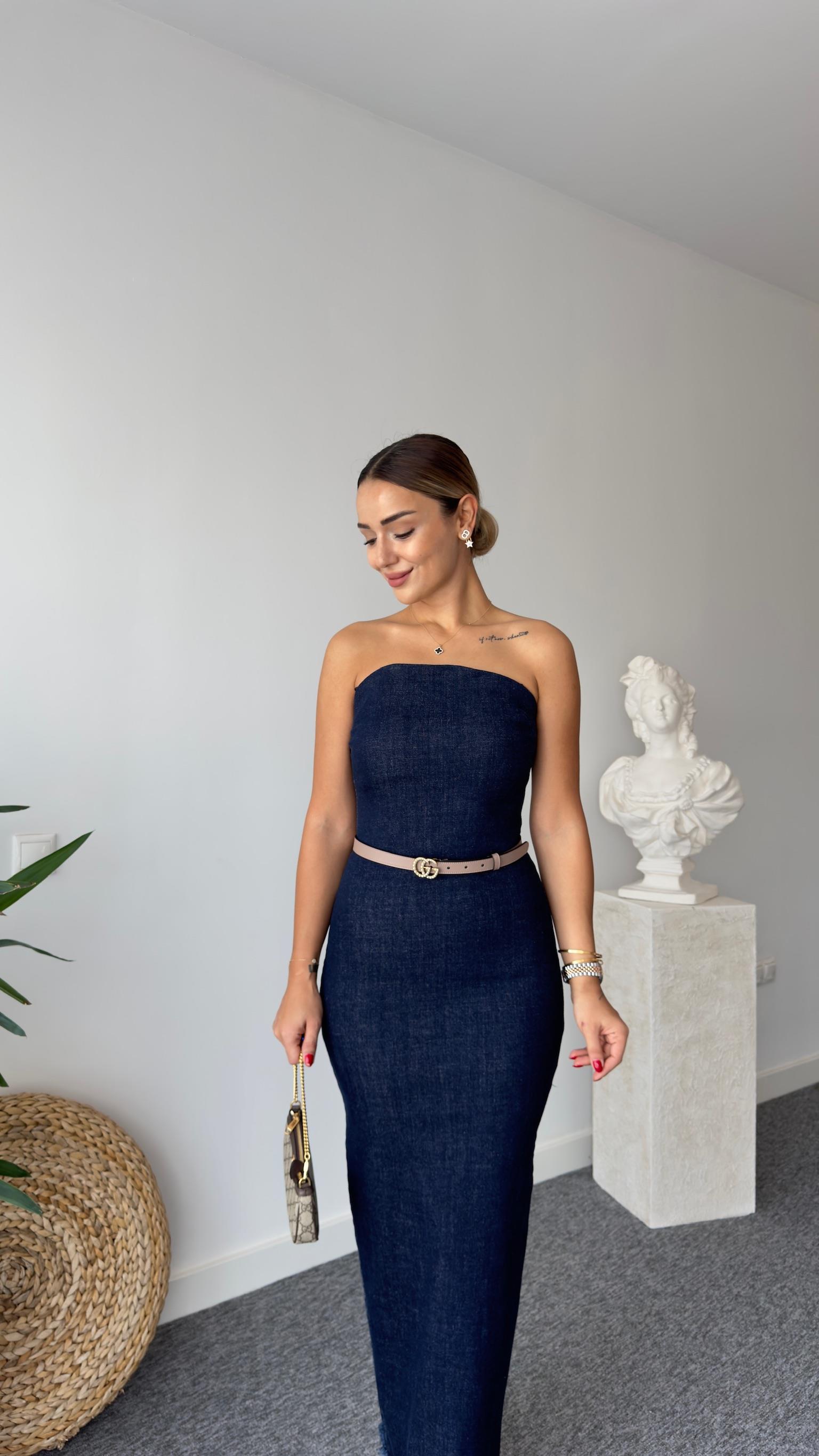 Straplez Arkası Yırtmaçlı Jean Elbise