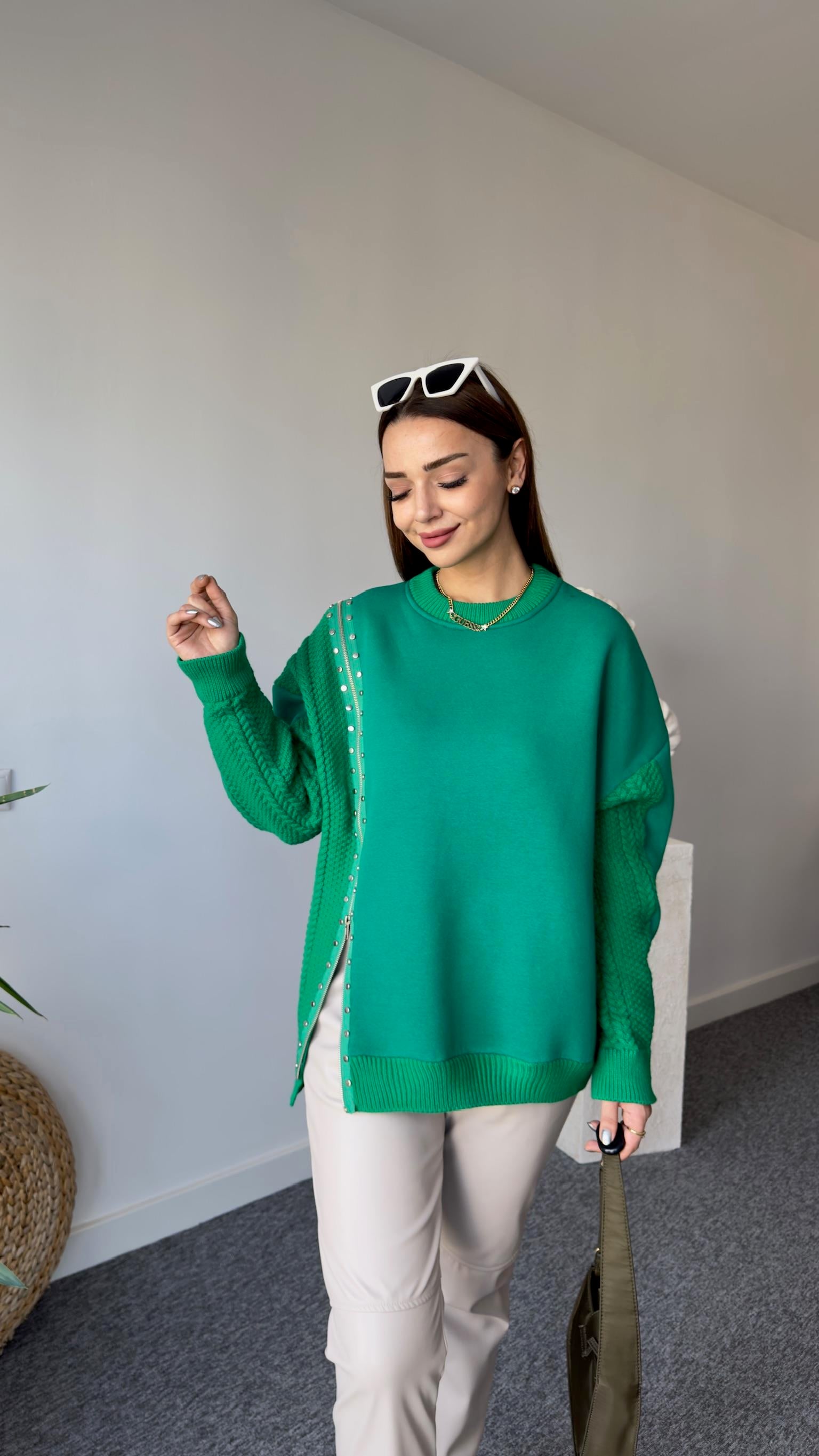 Fermuarlı Taş Detay Orj Model Yeşil Tasarım Sweat 
