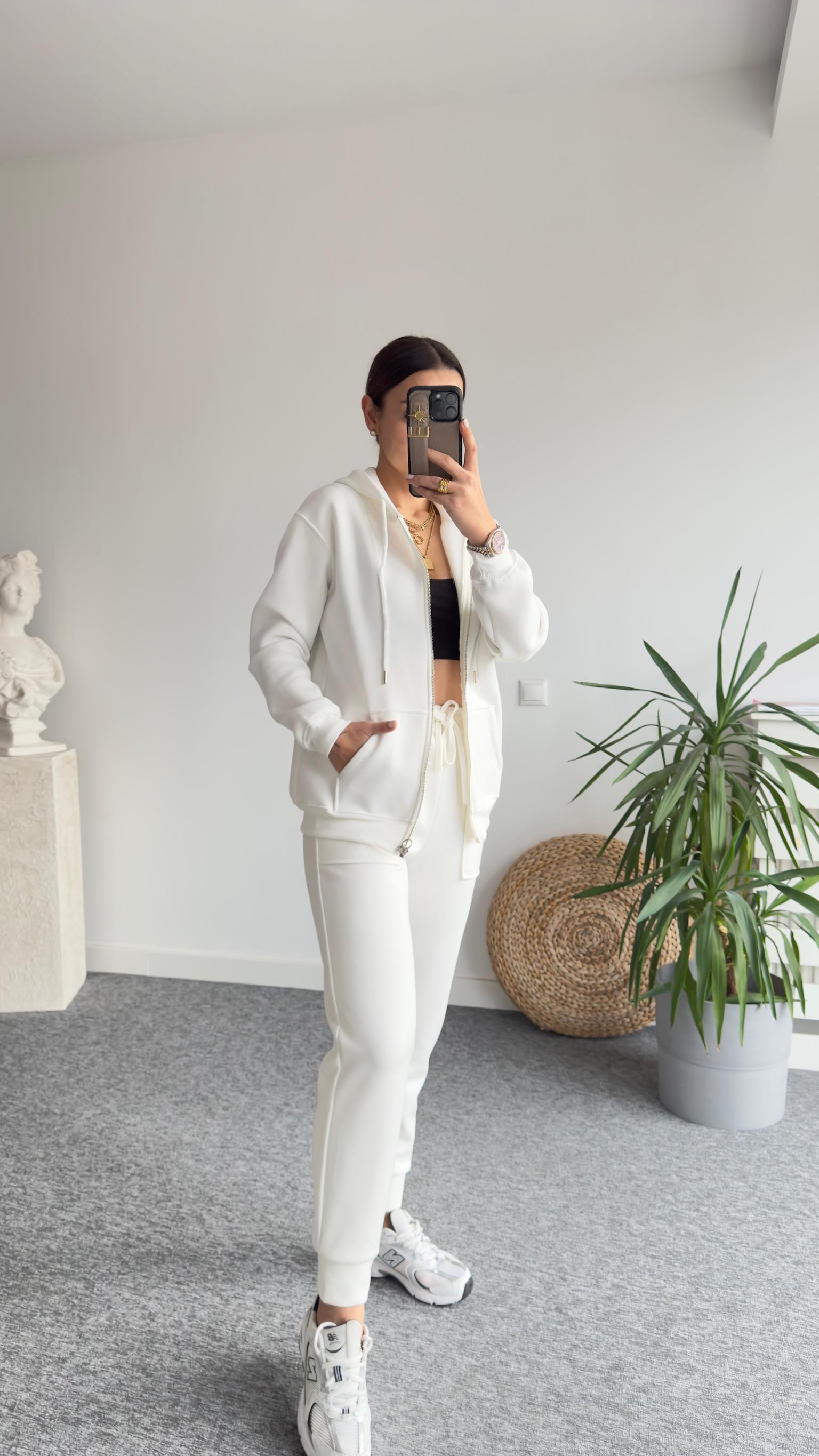 Şardonlu Beyaz Kapüşonlu Sweatshirt