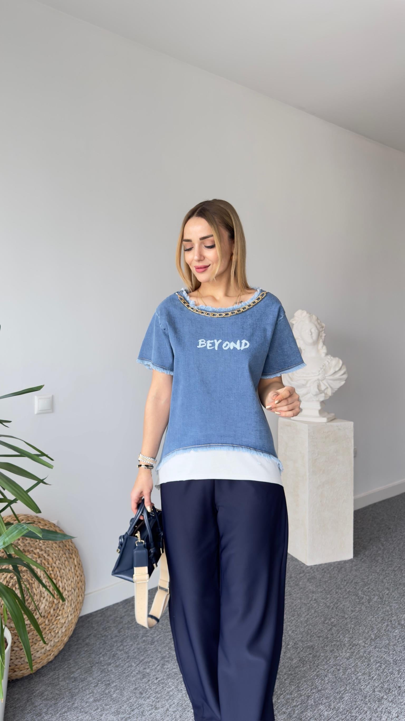 Beyond Yazılı Kot Garnili Tshirt