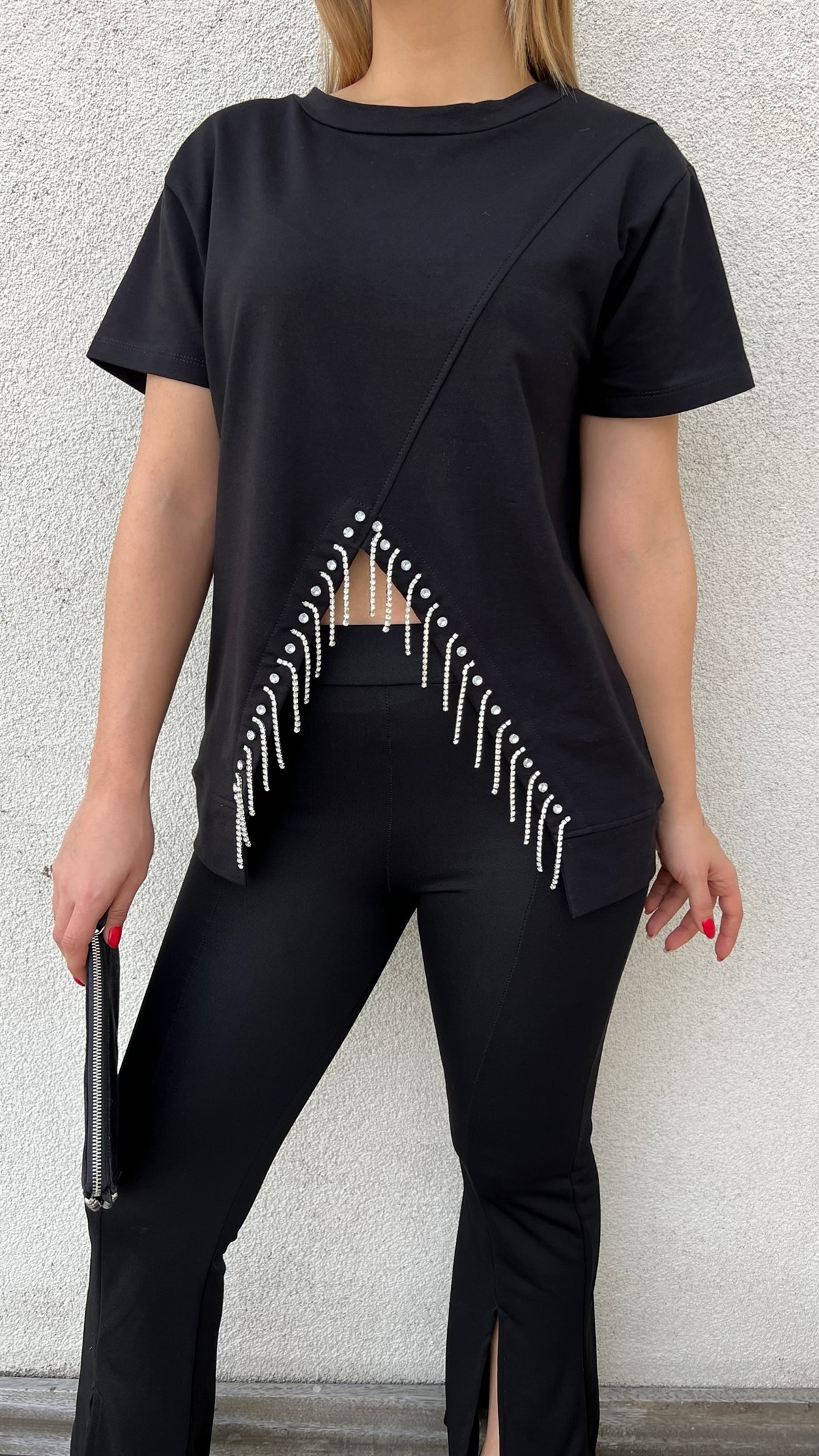 Taş Detaylı Siyah Tasarım Tshirt