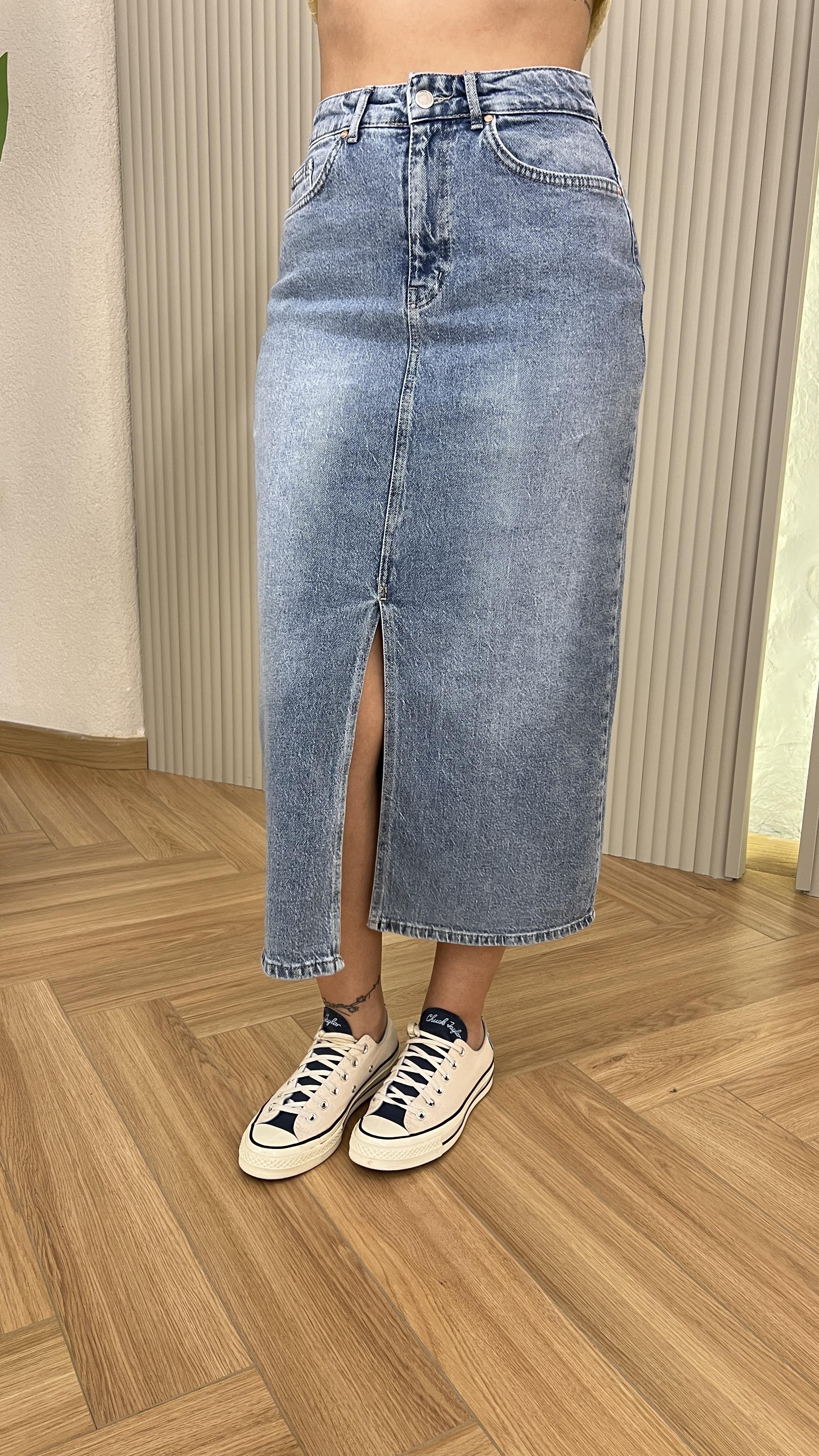 Mavi Quince Önden Yırtmaçlı Kot Etek