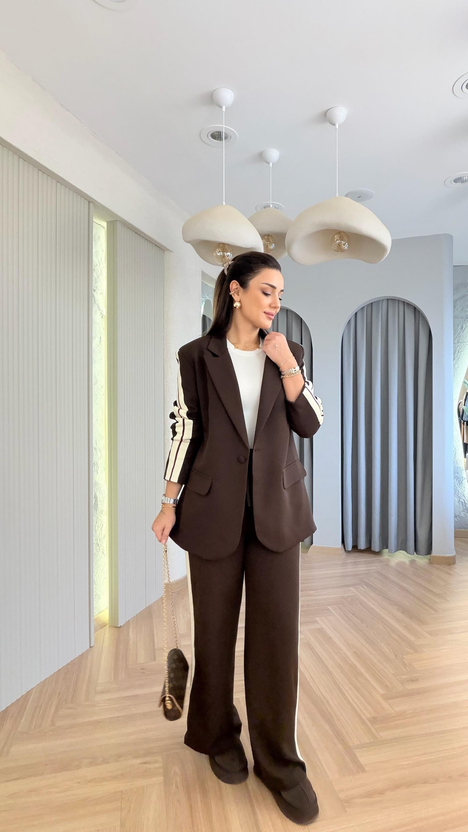 Kahve Materi Şerit Detaylı Ceket Pantolon Takım