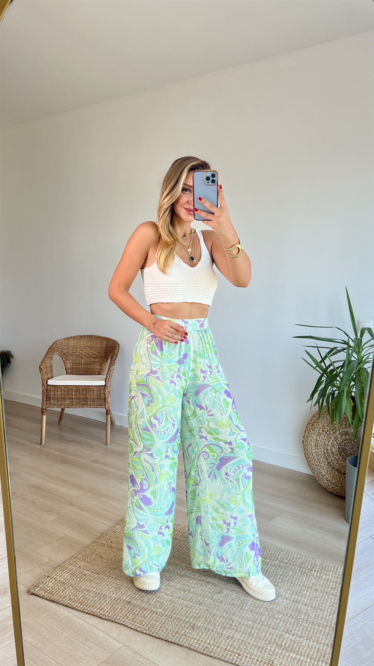 Etnik Desen Astarlı Şifon Pantolon 
