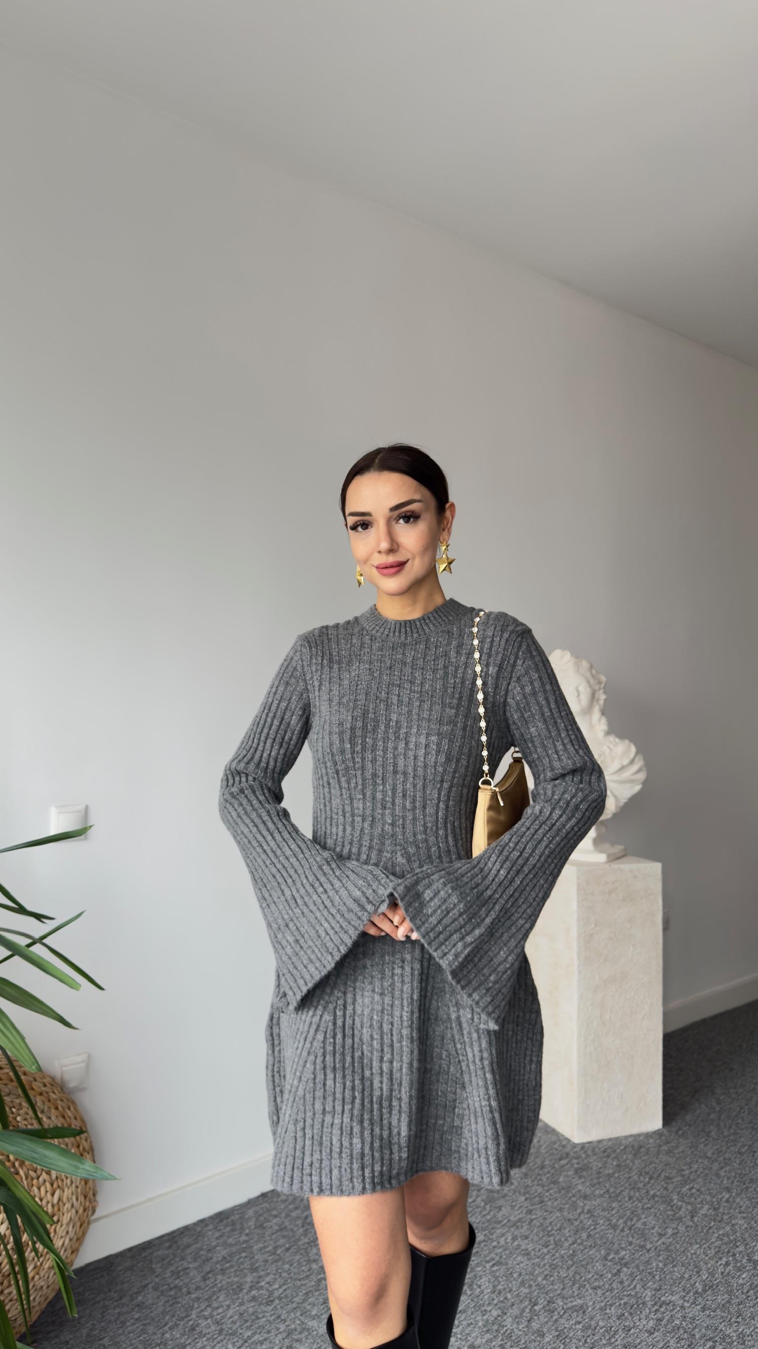 Olla Fitilli Gri Triko Elbise