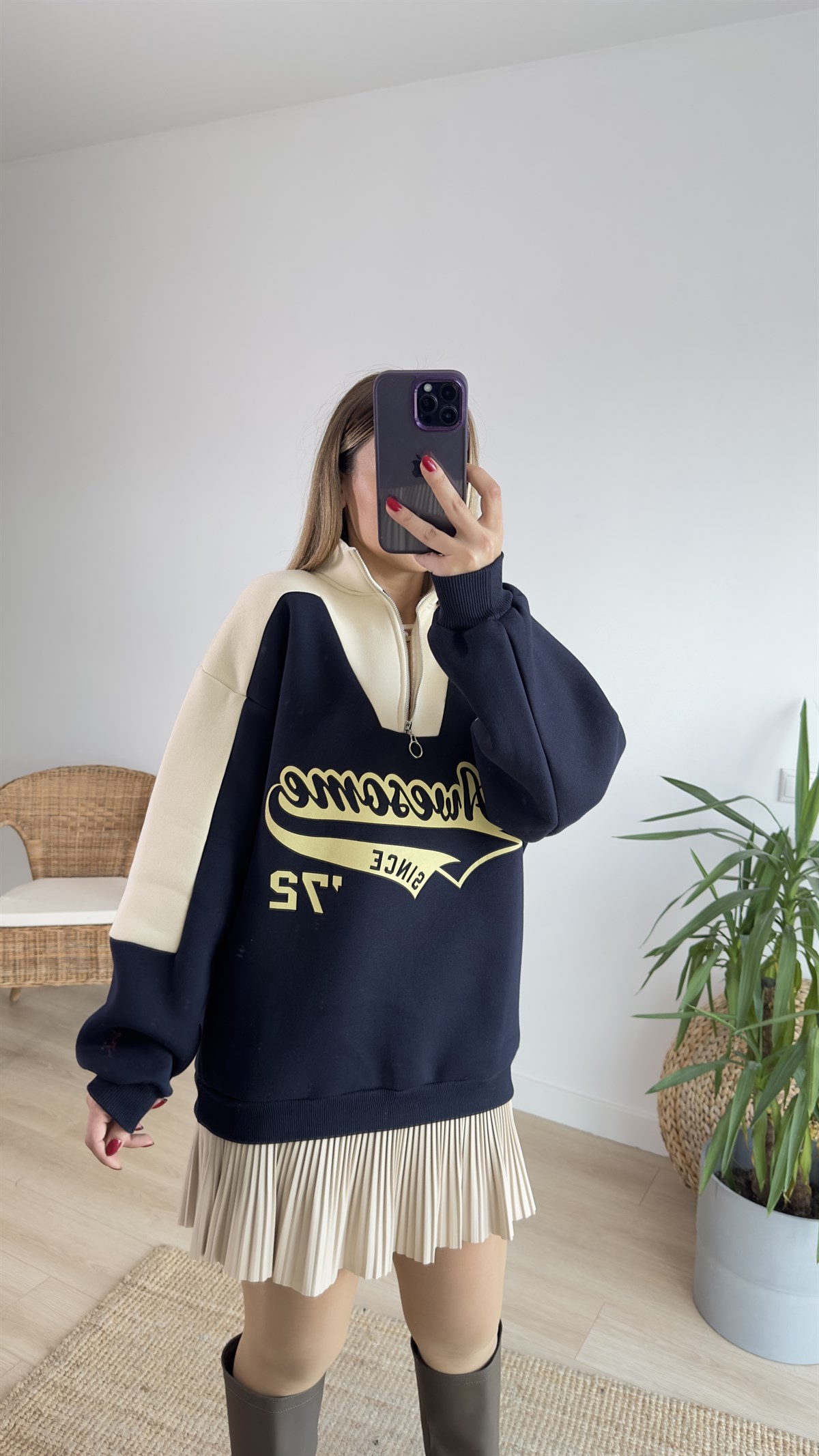 Lacivert Bej Baskılı Sweatshirt